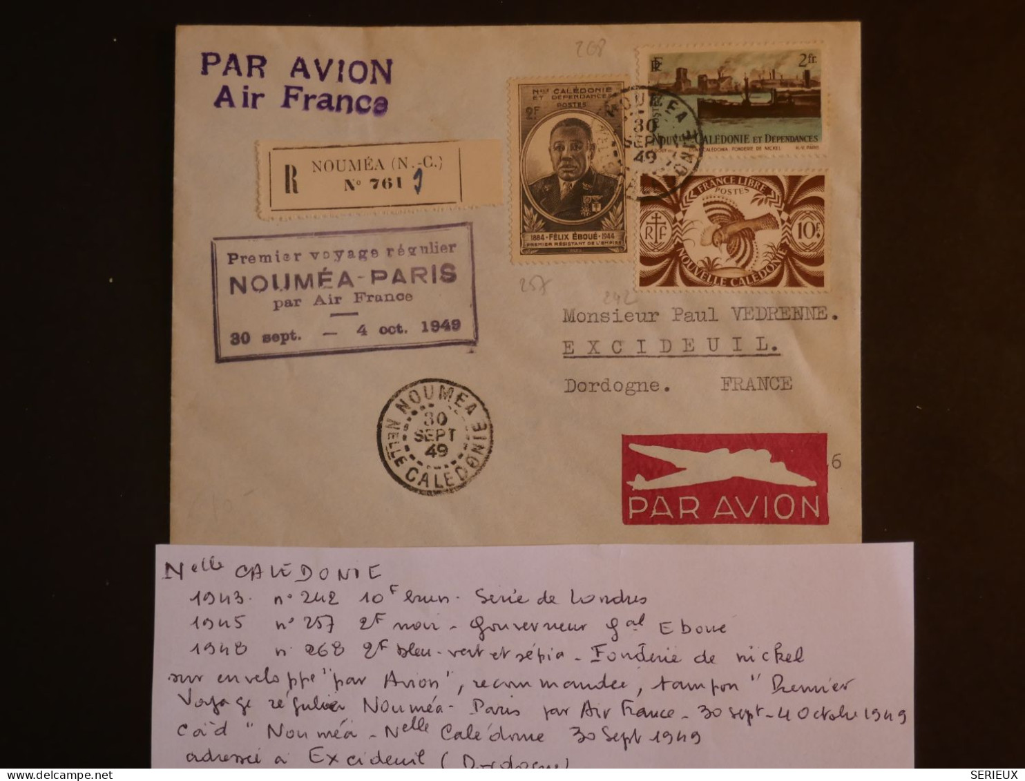 BU11 NOUVELLE CALEDONIE BELLE LETTRE  RR 1949  1ER VOL NOUMEA  PARIS A  EXCIDEUIL FRANCE + AFF. PLAISANT+++ - Briefe U. Dokumente