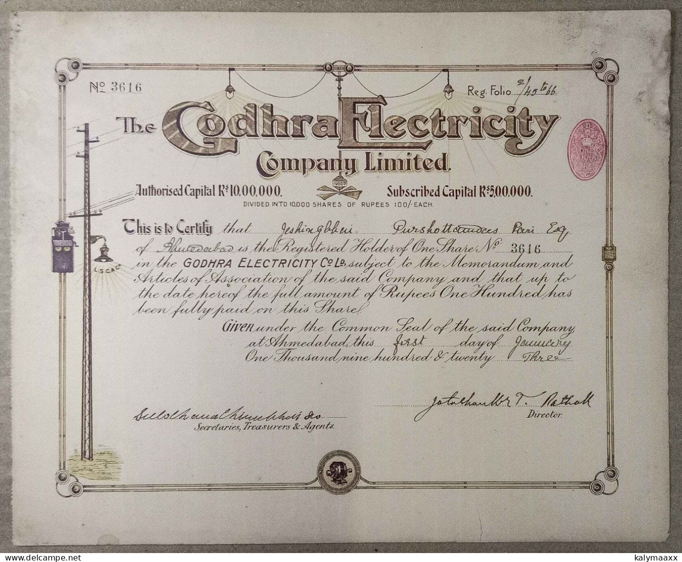 BRITISH INDIA 1923 THE GODHRA ELECTRICITY COMPANY LIMITED, ELECTRICITY SUPPLIER....SHARE CERTIFICATE - Electricidad & Gas