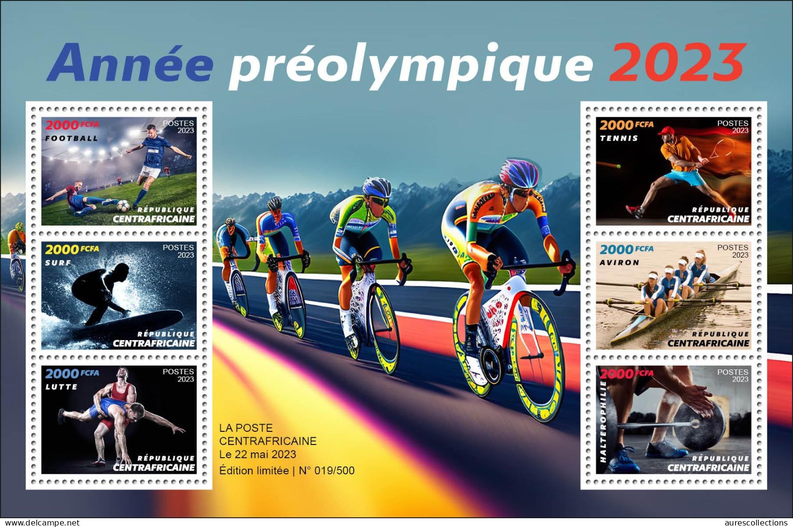 CENTRAL AFRICAN 2023 - SHEET 6V - OLYMPIC GAMES 2024 - FOOTBALL TENNIS CYCLING SURF ROWING WEIGHTLIFTING WRESLING - MNH - Wrestling