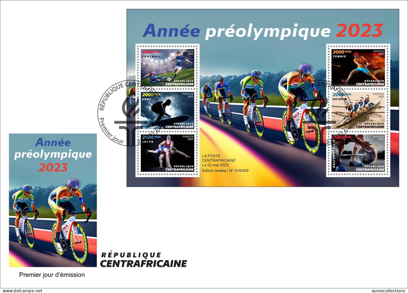 CENTRAL AFRICAN 2023 - SHEET 6V - OLYMPIC GAMES 2024 FOOTBALL TENNIS CYCLING SURF ROWING WEIGHTLIFTING WRESLING - FDC - Verano 2024 : París