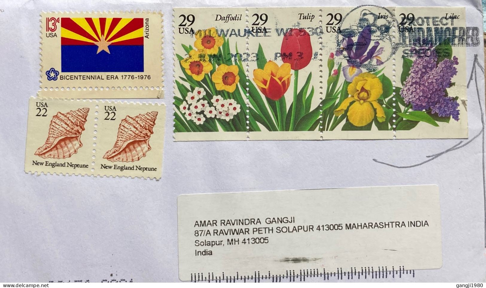 USA-2023, COVER USED TO INDIA, FLOWER SE-TENENT, ARIZONA FLAG, COUNCH & SHELL, PANDA ANIMAL, WWF, PROTECT ENDANGER SPECI - Storia Postale