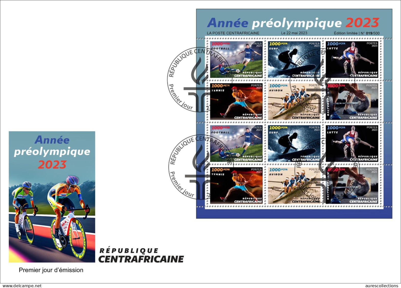 CENTRAL AFRICAN 2023 - SHEET 12V - OLYMPIC GAMES FOOTBALL TENNIS CYCLING SURF ROWING WEIGHTLIFTING WRESLING - FDC - Eté 2024 : Paris