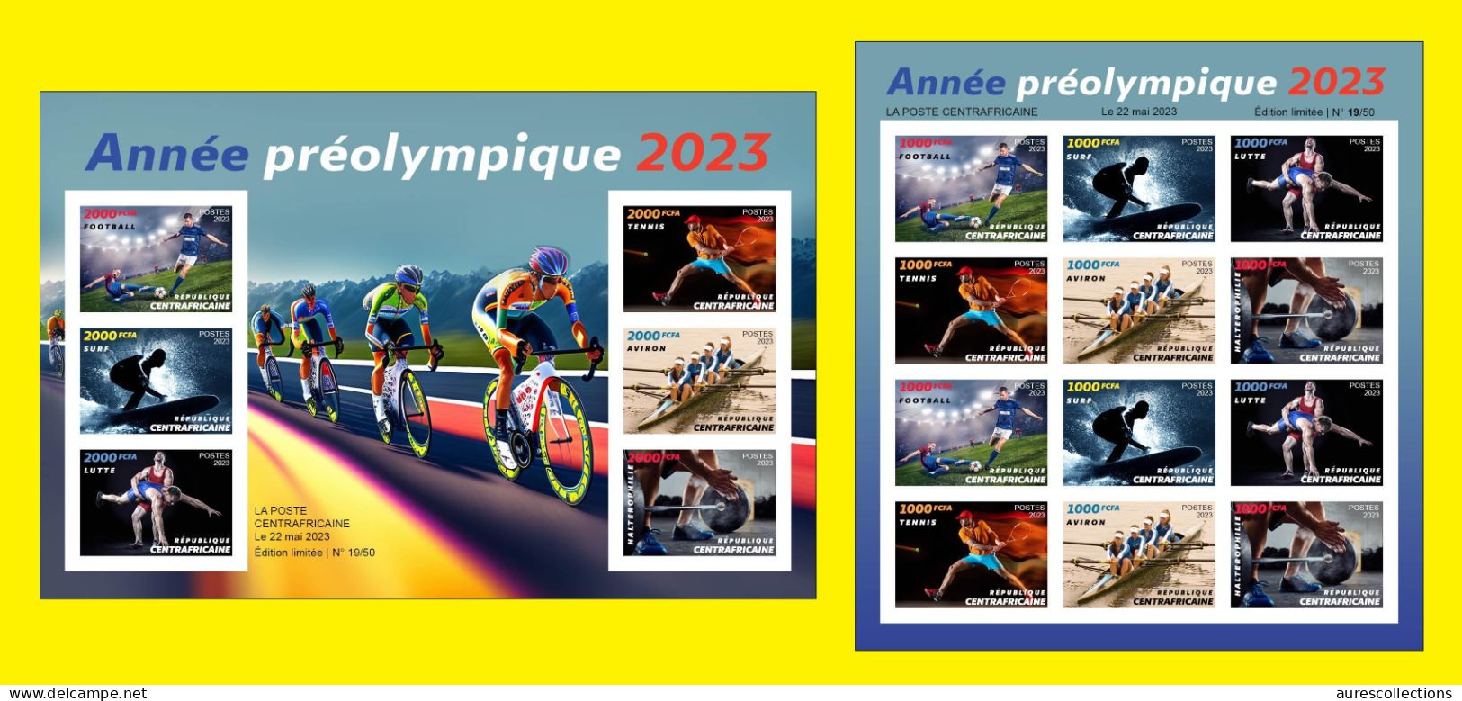 CENTRAL AFRICAN 2023 PACK 2 X IMPERF SHEET OLYMPIC GAMES FOOTBALL TENNIS CYCLING SURF ROWING WEIGHTLIFTING WRESLING MNH - Eté 2024 : Paris