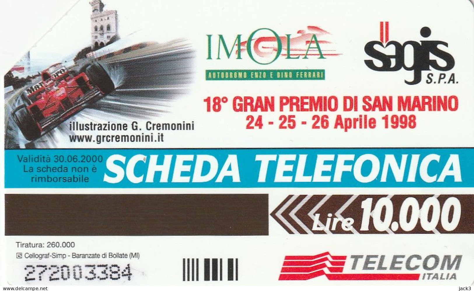 SCEDA TELEFONICA - XVIII GRAN PREMIO DI SAN MARINO 1998 (2 SCANS) - Publiques Thématiques