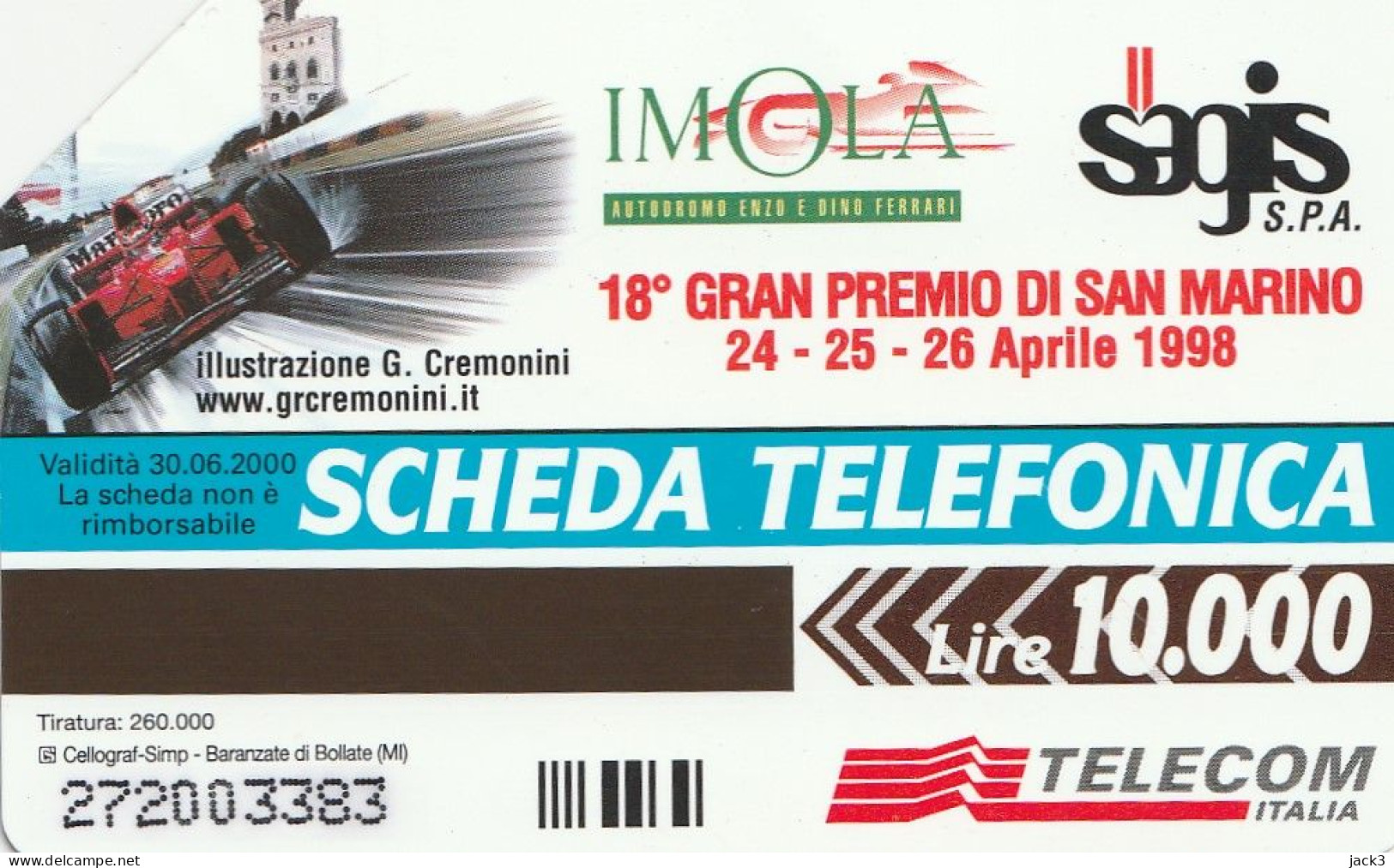 SCEDA TELEFONICA - XVIII GRAN PREMIO DI SAN MARINO 1998 (2 SCANS) - Publieke Thema