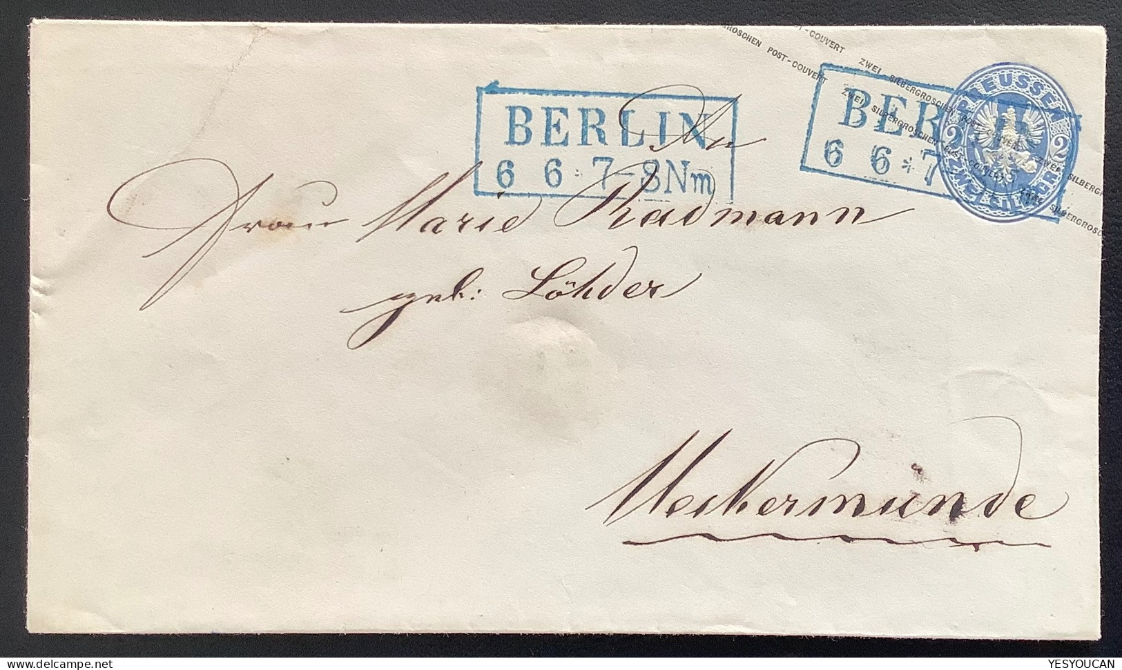 BERLIN R2 In Blau (Hofpostamt) LUXUS Auf Preussen Ganzsache 2 Sgr Wappenausgabe Mi U24>Meckermünde (Prusse Entier Brief - Postwaardestukken