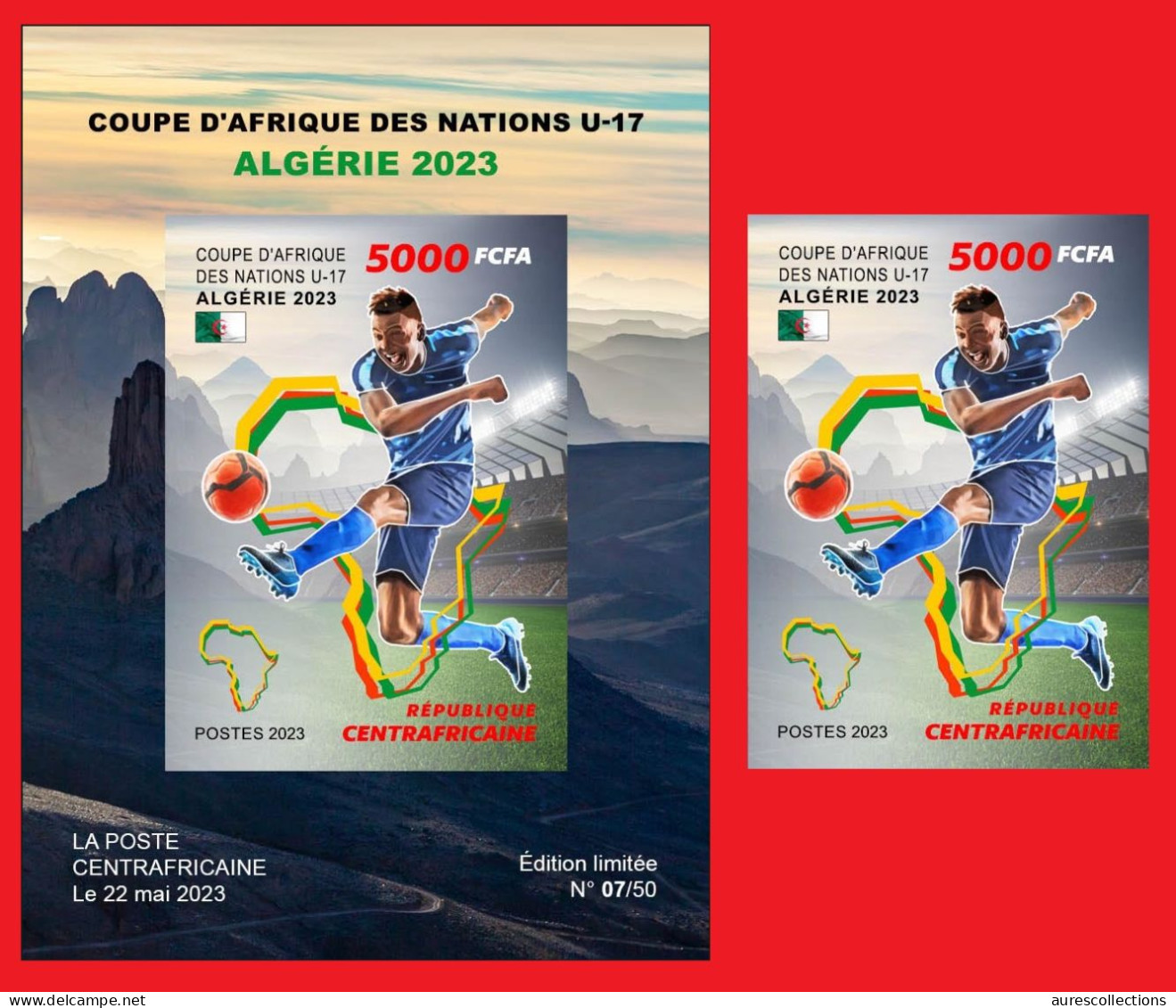CENTRAL AFRICAN 2023 - PACK IMPERF SHEET & STAMP - FOOTBALL AFRICA CUP OF NATIONS ALGERIA ALGERIE COUPE D' AFRIQUE - MNH - Fußball-Afrikameisterschaft