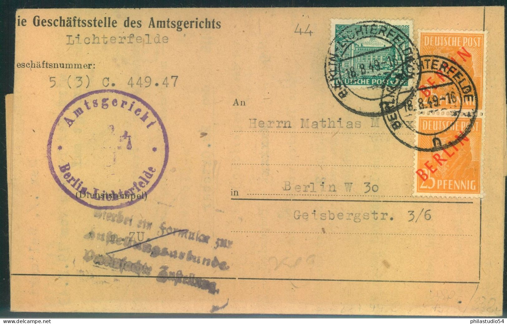 1949, 25 Ofg. Rotaufdruck 2-mal Mit Zusatz Auf Ortszustellung Ab "BERLIN-LICHTERFELDE" - Lettres & Documents