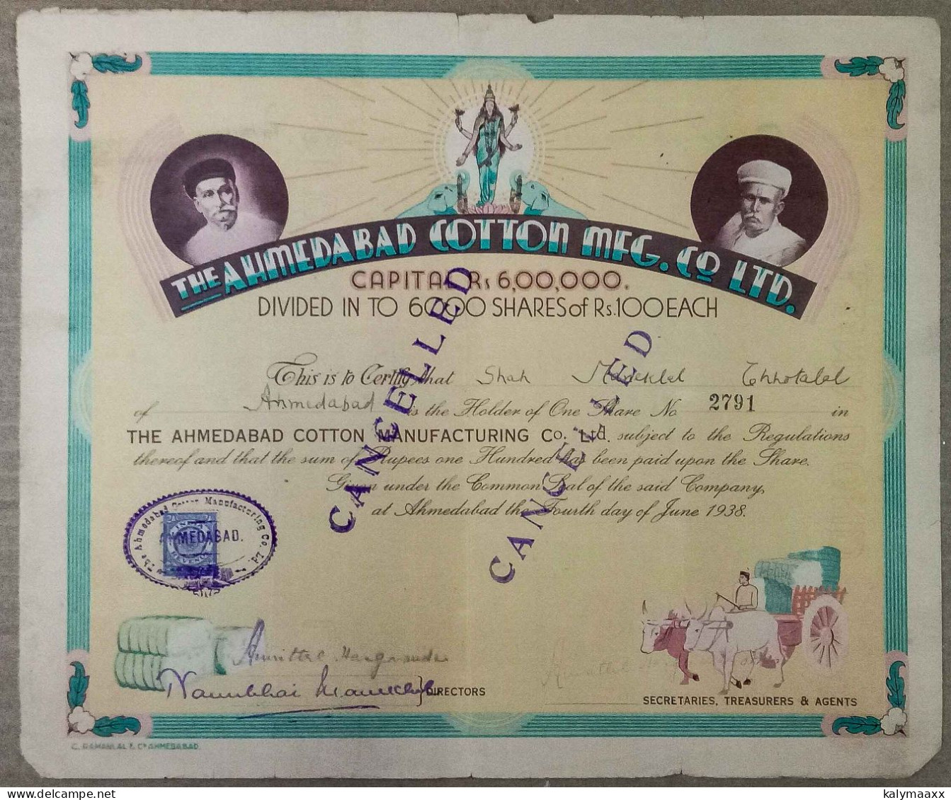 INDIA 1938 THE AHMEDABAD COTTON MFG. COMPANY LIMITED, TEXTILE, COTTON....SHARE CERTIFICATE - Textiel