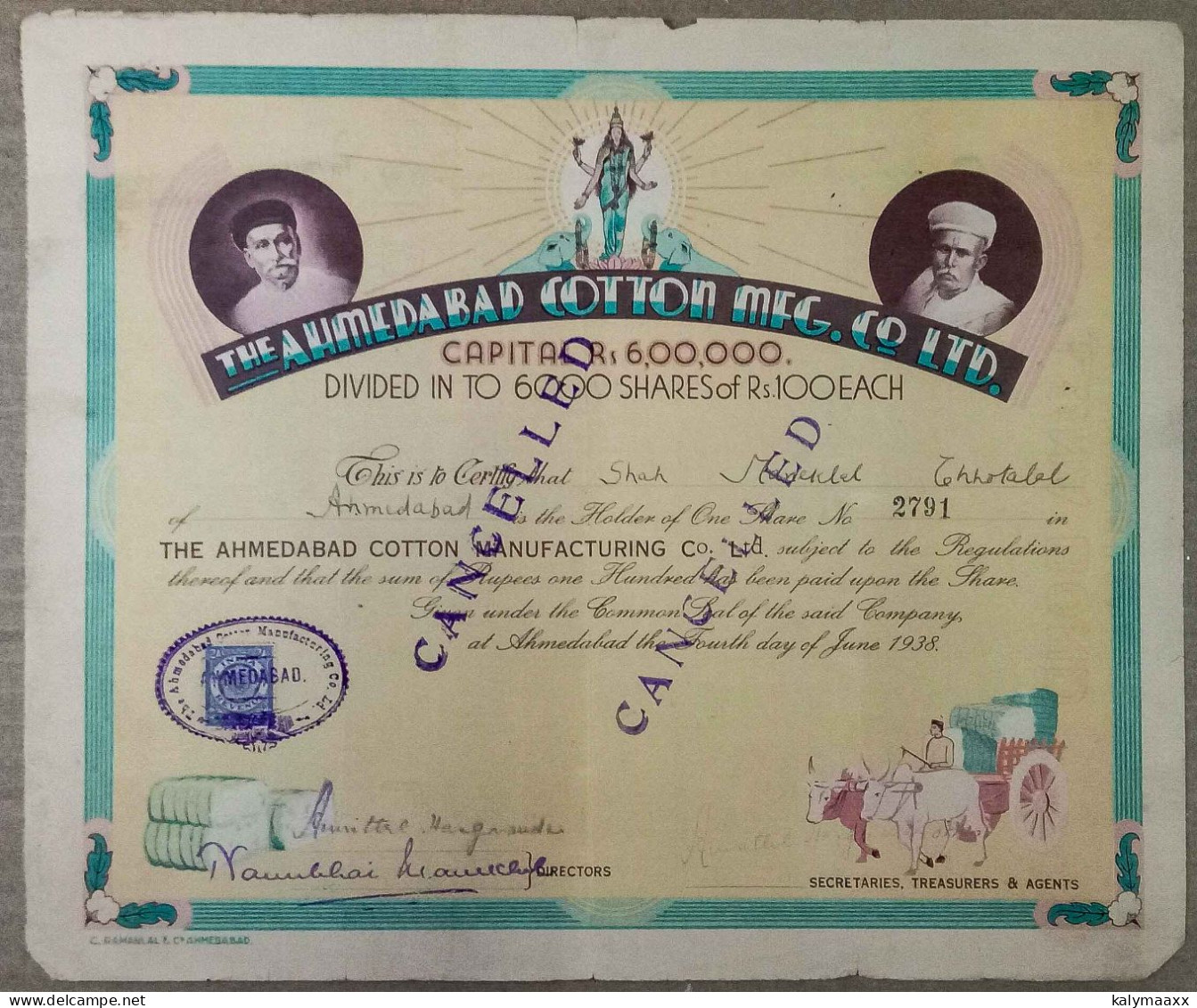 INDIA 1938 THE AHMEDABAD COTTON MFG. COMPANY LIMITED, TEXTILE, COTTON....SHARE CERTIFICATE - Textile