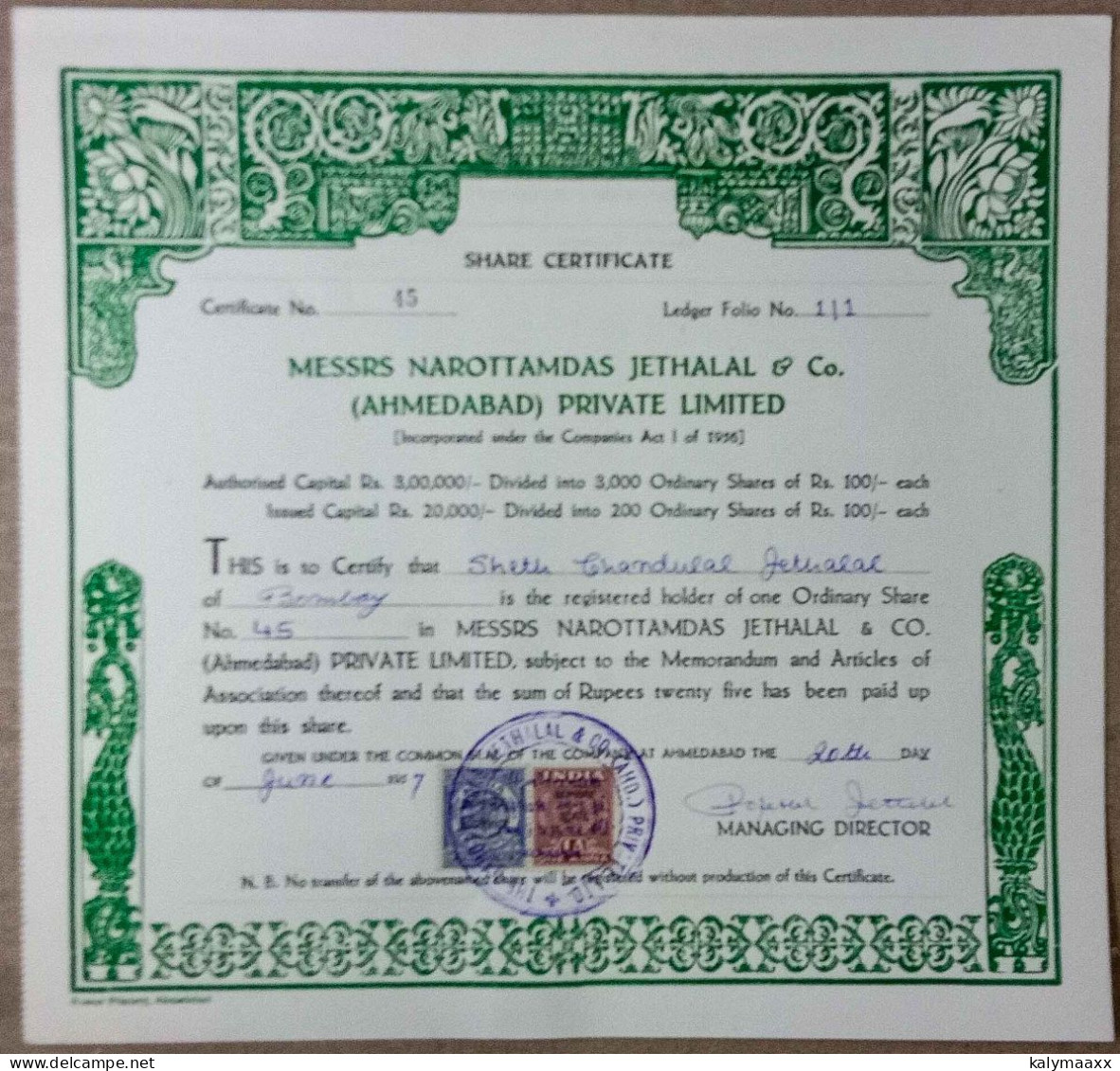 INDIA 1967 MESSRS NAROTTAMDAS JRTHALAL & Co. (AHMEDABAD) PRIVATE LIMITED....SHARE CERTIFICATE - Textiles