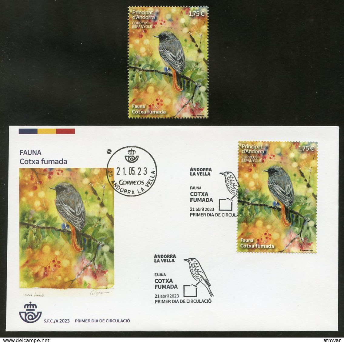 ANDORRA Correos (2023) Fauna Cotxa Fumada, Phoenicurus Ochruros, Black Redstart, Rougequeue Noir First Day Cover + Stamp - Sammlungen