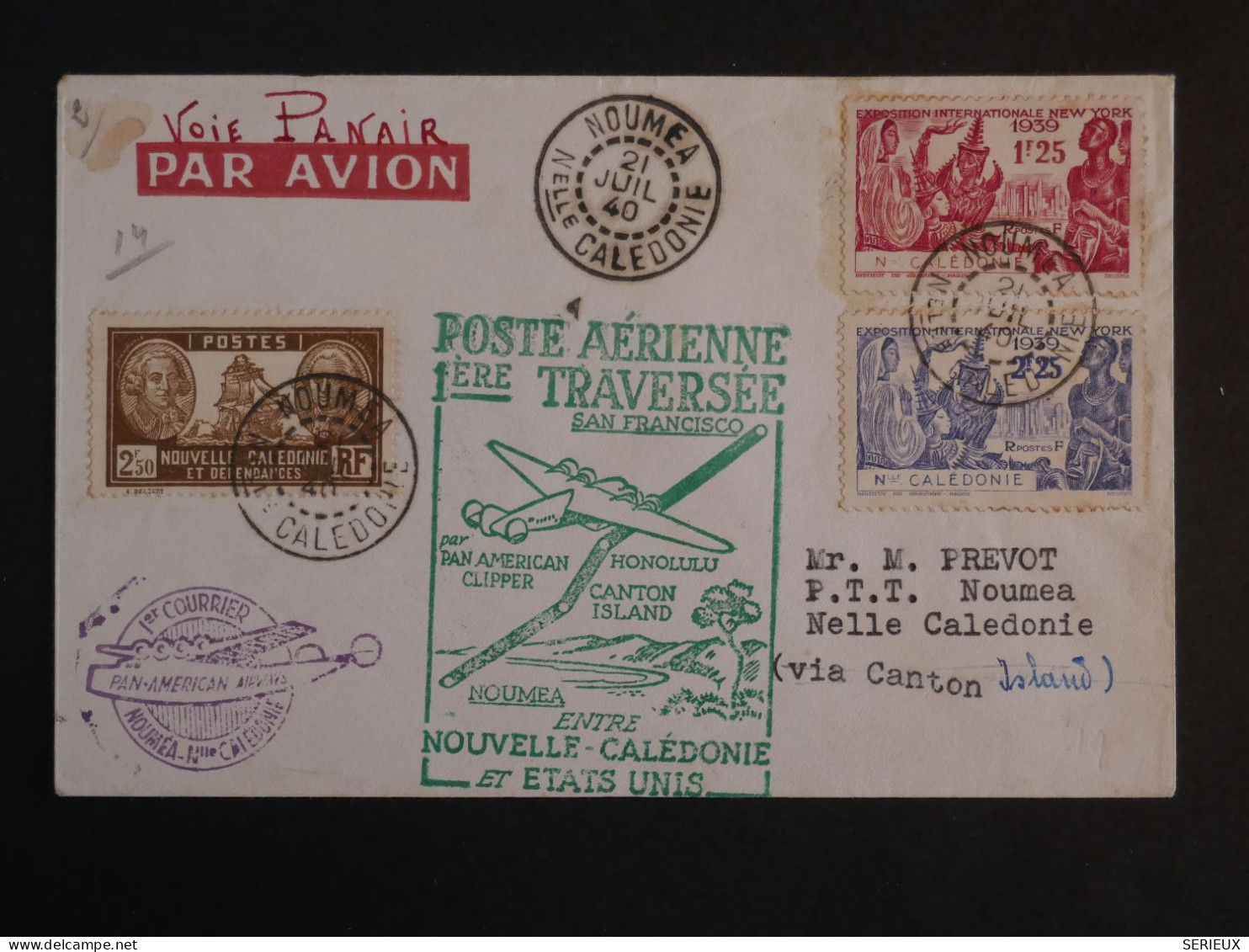 BU11   NOUVELLE CALEDONIE  BELLE  LETTRE RR   1940 1ER VOL   NOUMEA . CANTON USA  PANAIR AMERICAN   ++ AFF .PLAISANT+ - Cartas & Documentos