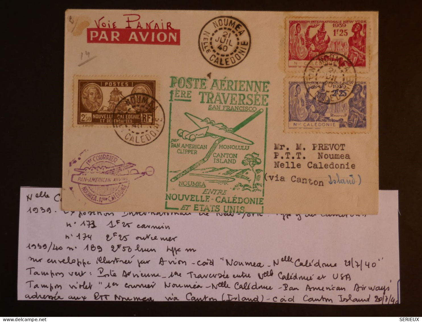 BU11   NOUVELLE CALEDONIE  BELLE  LETTRE RR   1940 1ER VOL   NOUMEA . CANTON USA  PANAIR AMERICAN   ++ AFF .PLAISANT+ - Lettres & Documents