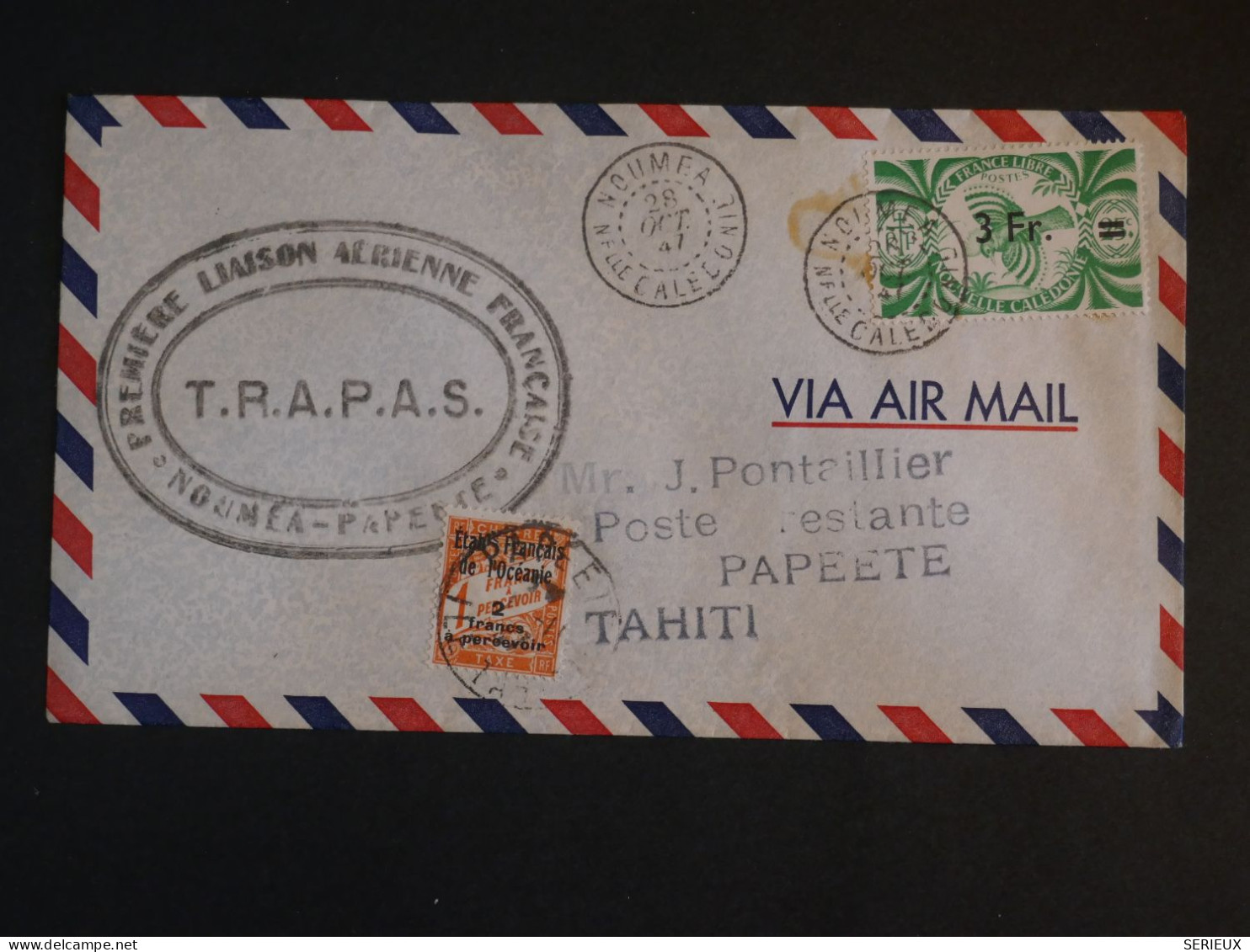 BU11   NOUVELLE CALEDONIE  BELLE  LETTRE RR   1940 1ER VOL   NOUMEA . A TAHITI +TP TAXE N °8 OCEANIE   ++ AFF .PLAISANT+ - Storia Postale