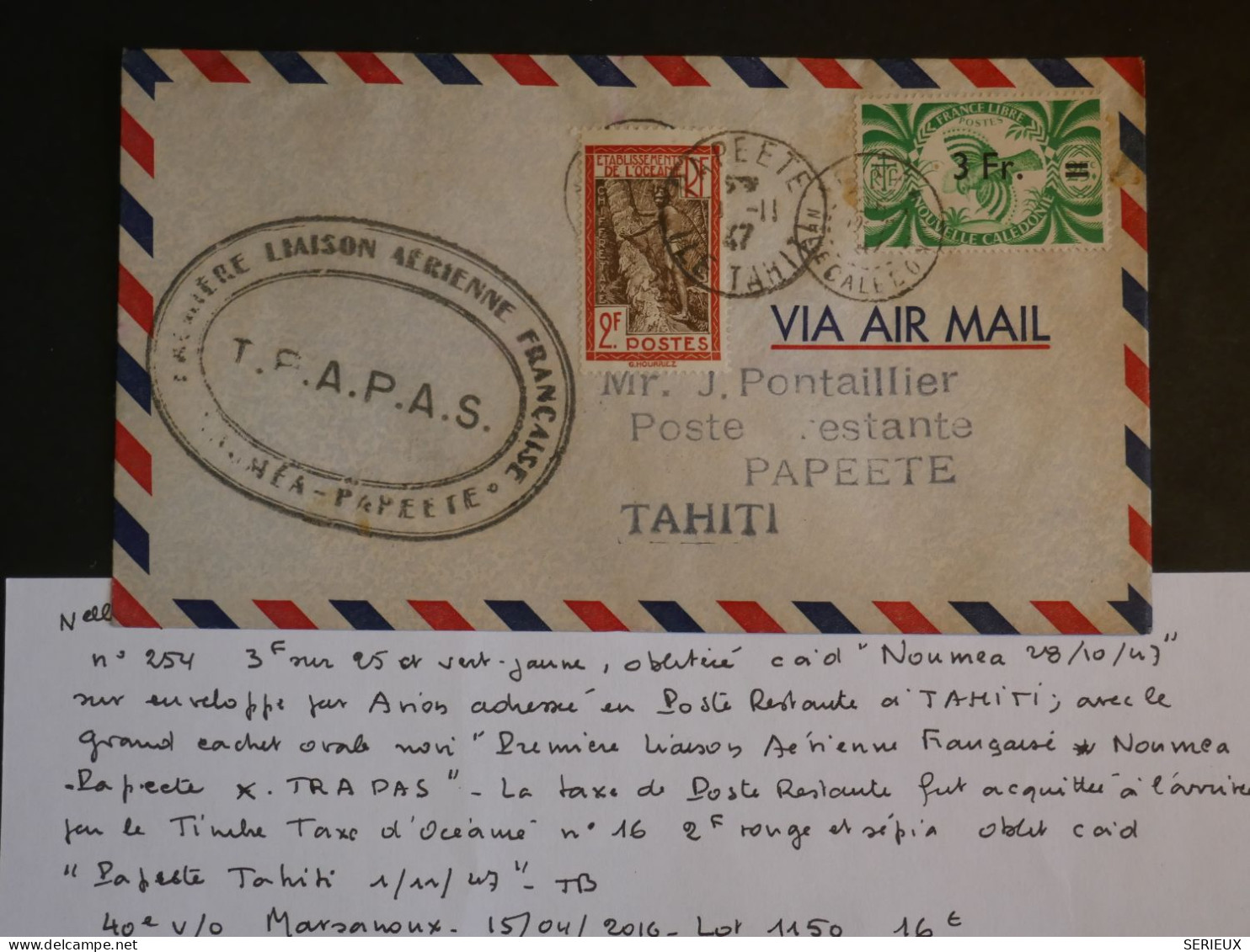BU11   NOUVELLE CALEDONIE  BELLE  LETTRE 1940 1ER VOL   NOUMEA . A TAHITI  FRANCE  ++ AFF .PLAISANT+ - Storia Postale