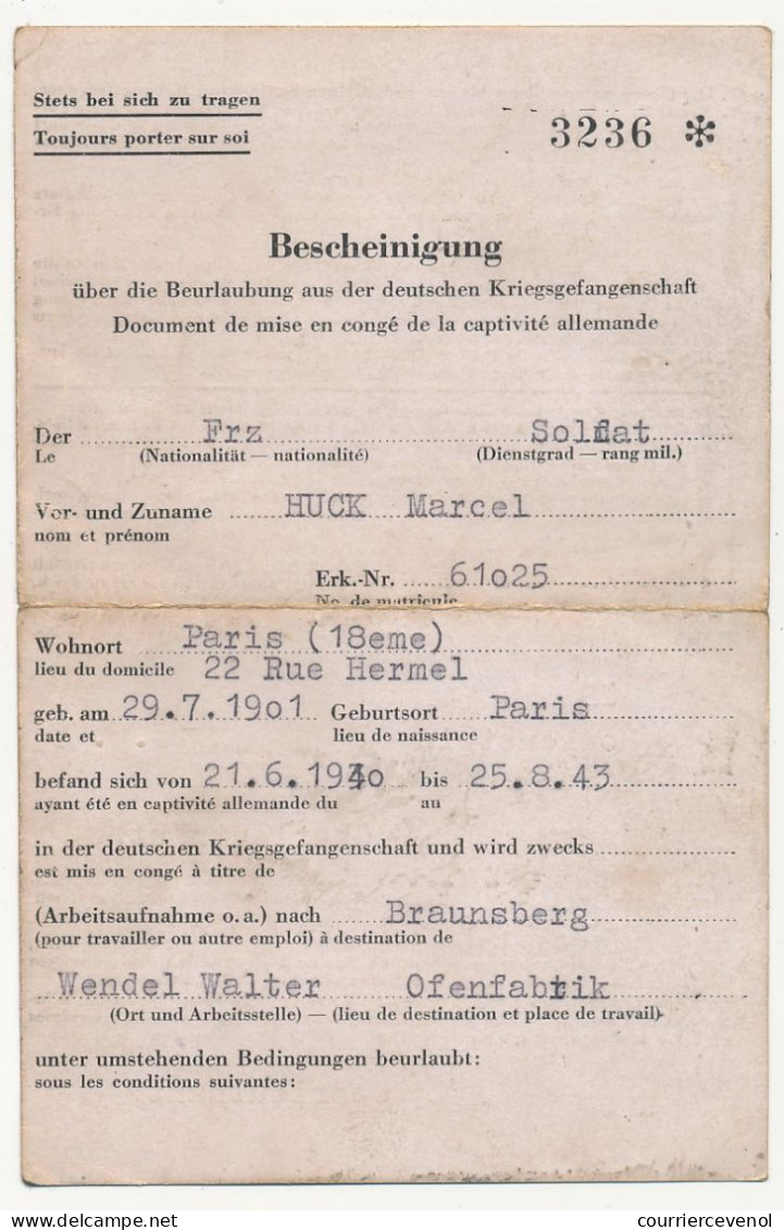 ALLEMAGNE - Prisonnier De Guerre Français STALAG 1B Hochenstein - Document Mise En Congé De La Captivité Allemande 1943 - Guerre De 1939-45