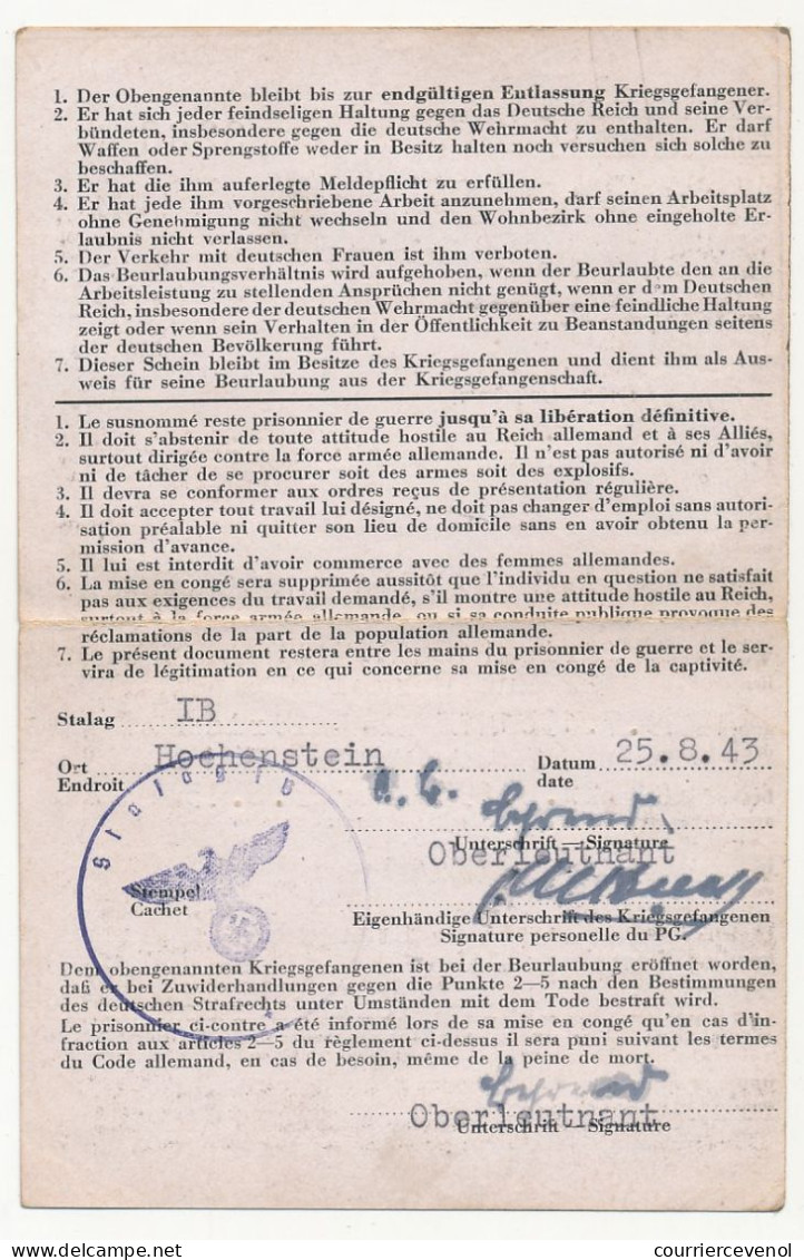 ALLEMAGNE - Prisonnier De Guerre Français STALAG 1B Hochenstein - Document Mise En Congé De La Captivité Allemande 1943 - Guerre De 1939-45