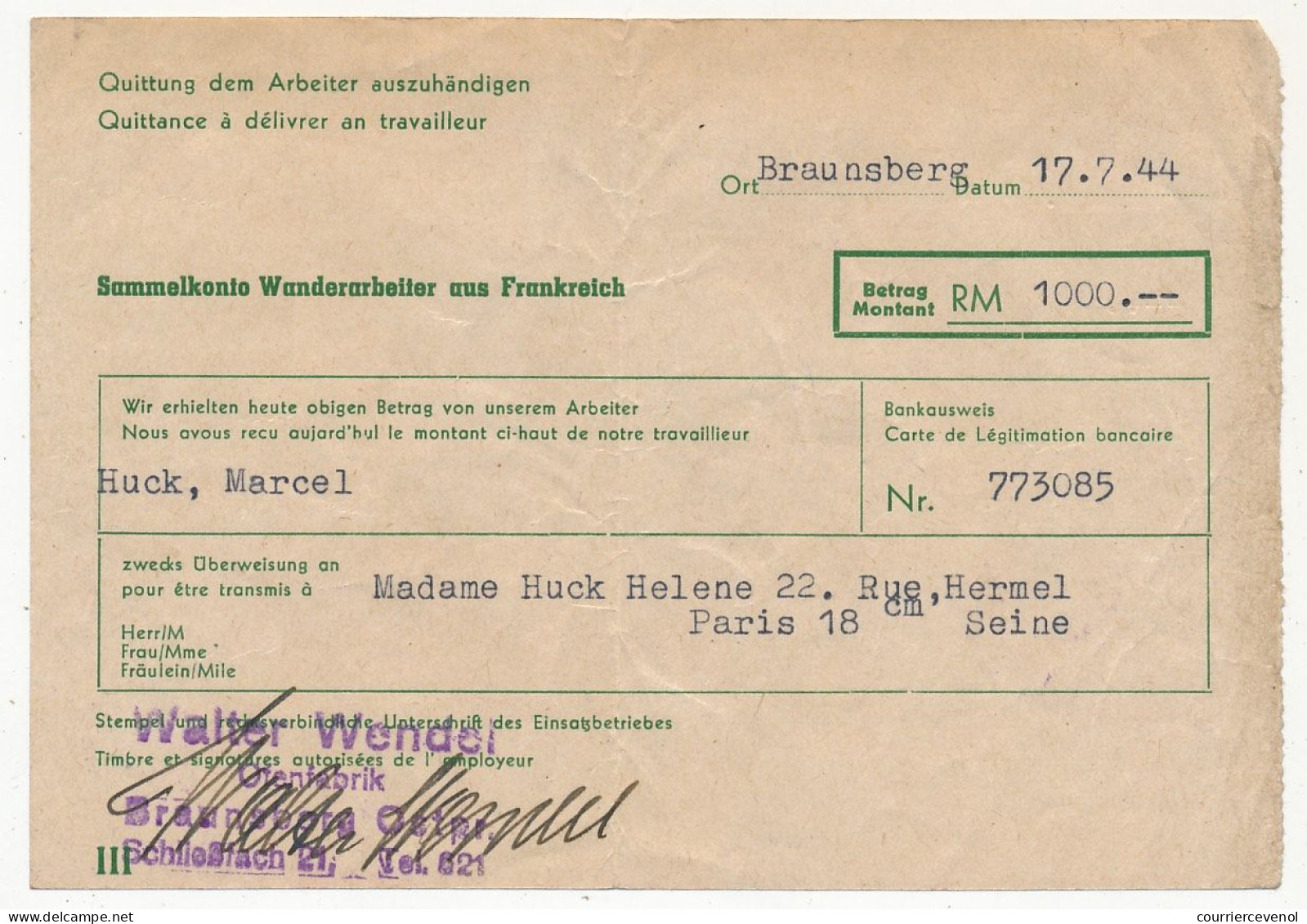 ALLEMAGNE - Prisonnier De Guerre Français STALAG 1B Hochenstein - Document Mise En Congé De La Captivité Allemande 1943 - Guerre De 1939-45