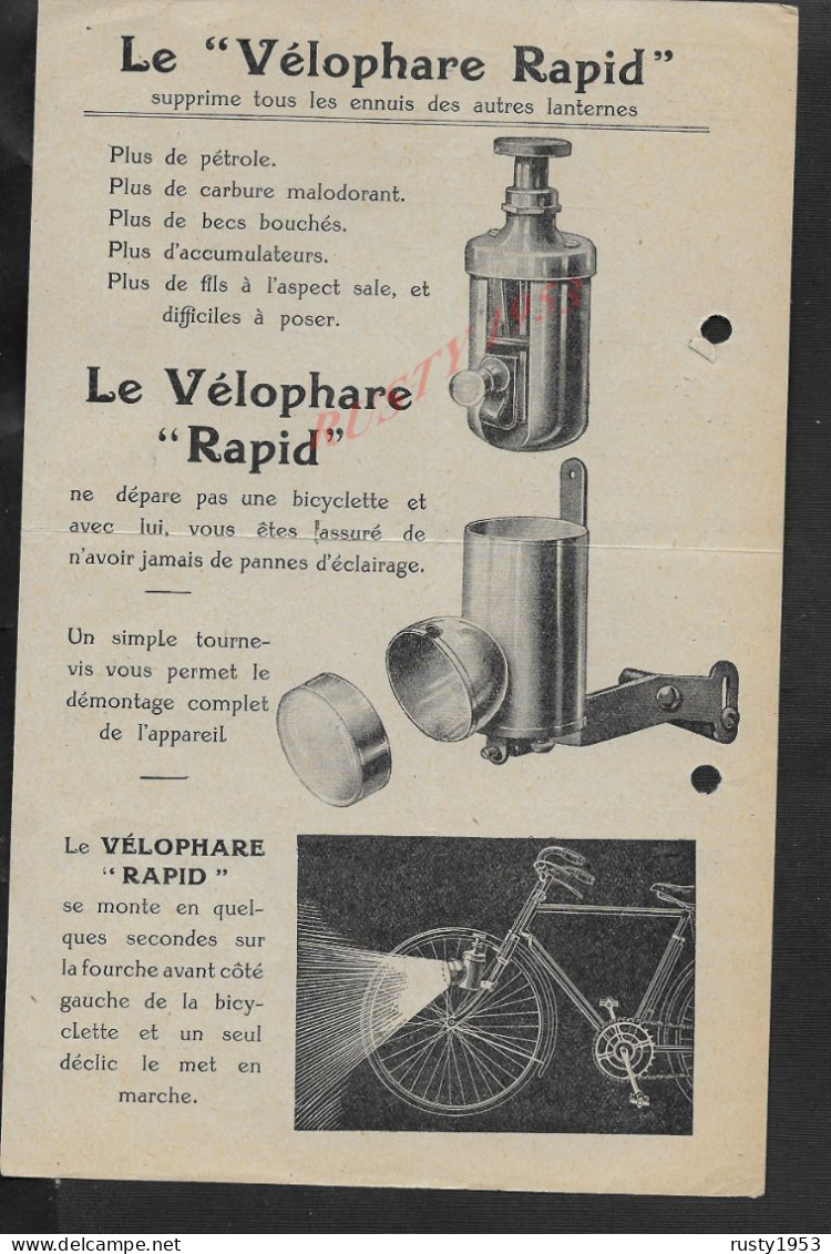 AFFICHE 21,5 X 13,5 CYCLISME VELO L ECLAIRAGE ELECTRIQUE LE VELOPHARE RAPID A. M. COMPTOUR PARIS RUE DE PORT MAHON : - Cyclisme