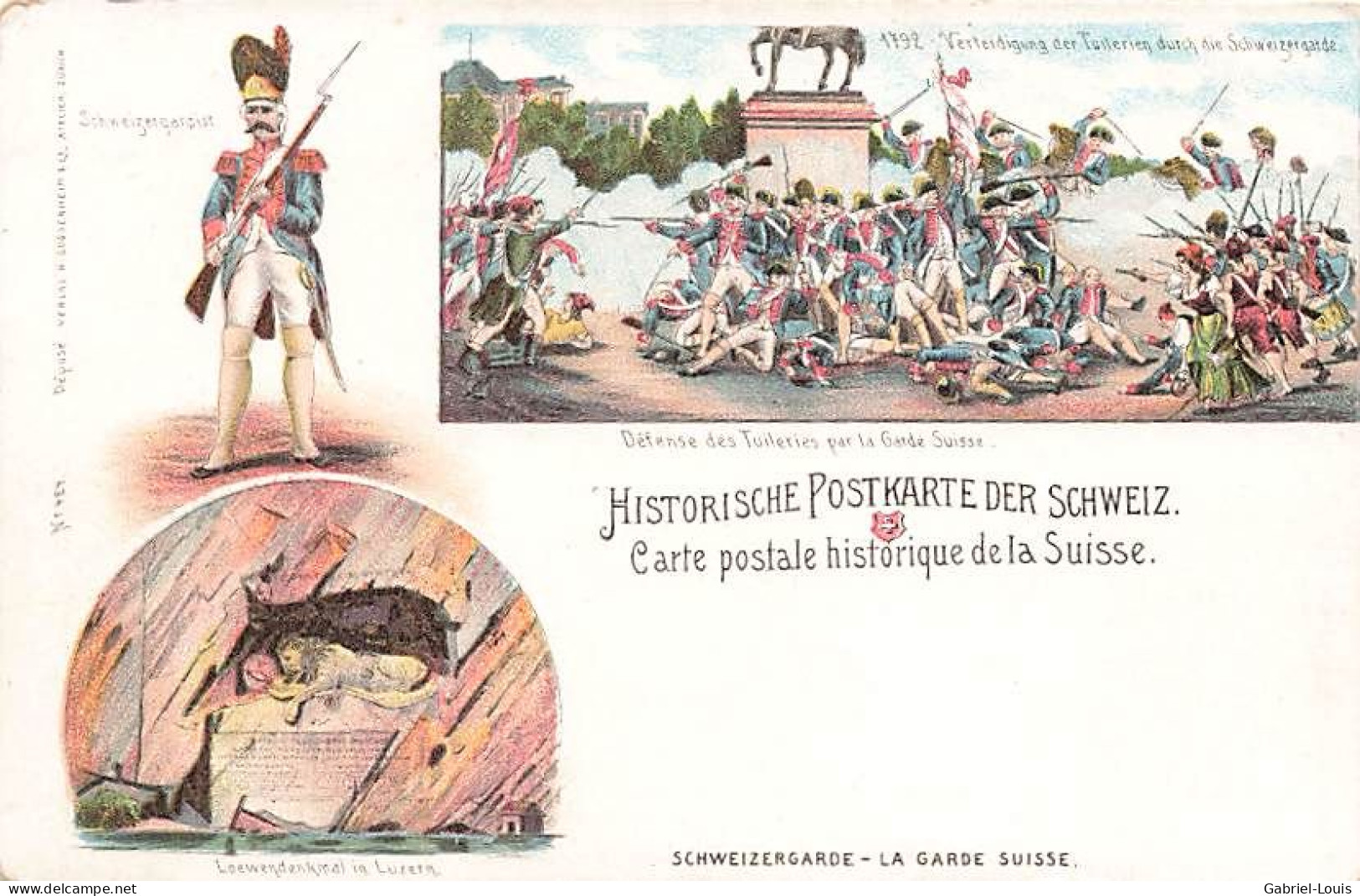 Litho Armée Suisse Militaria Schweizer Armee Militär Défense Tuileries Garde Paris Révolution Française Luzern Löwen - Lucerna