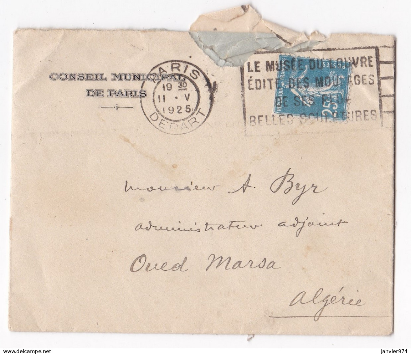 Lettre Entête - Conseil Municipal De Paris Pour Oued Marsa Algerie 1925 - Brieven En Documenten