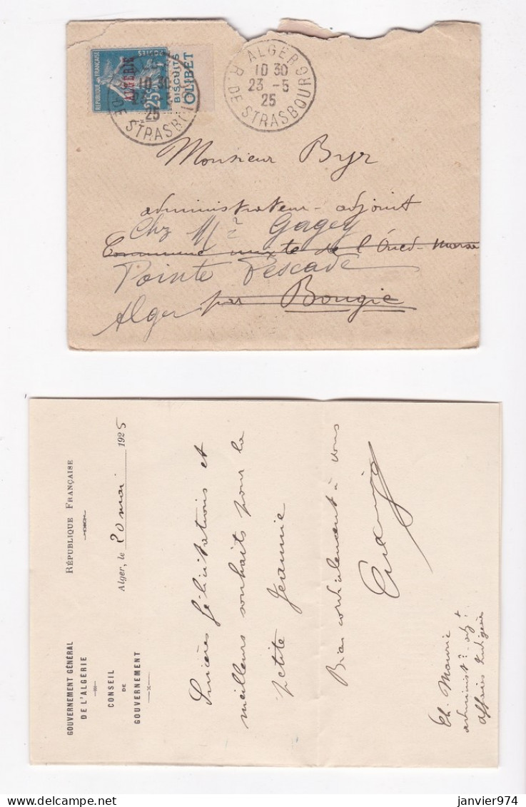 Enveloppe Et Lettre Gouvernement General De L’Algerie , Conseil De Gouvernement 1925 - Storia Postale