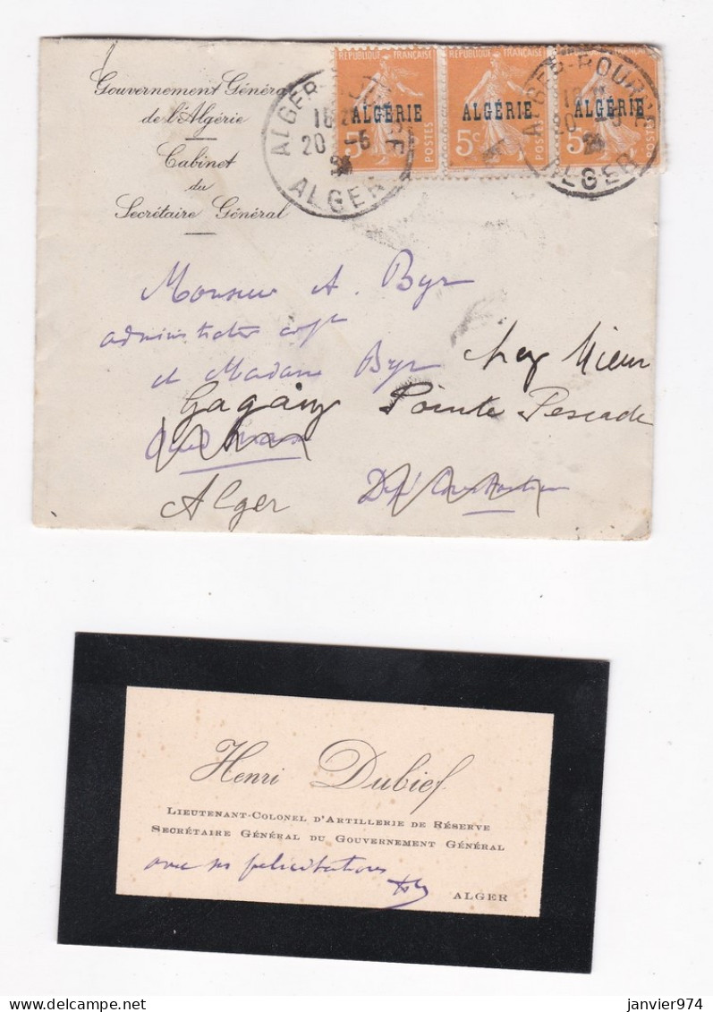 Enveloppe Et Carte Gouvernement General De L’Algerie Cabinet Du Secrétaire General Henri Dubief, 1925 - Storia Postale