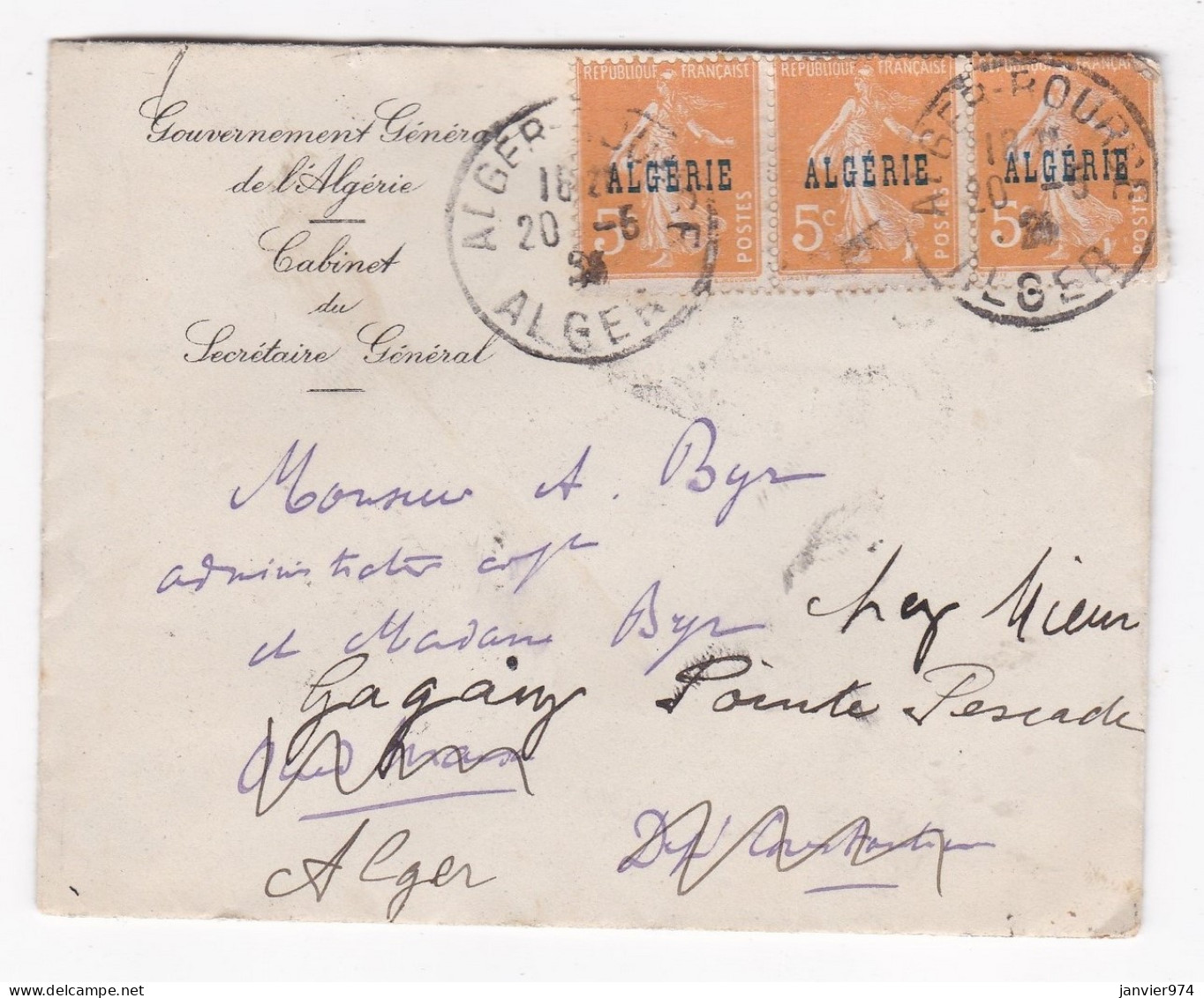 Enveloppe Et Carte Gouvernement General De L’Algerie Cabinet Du Secrétaire General Henri Dubief, 1925 - Brieven En Documenten