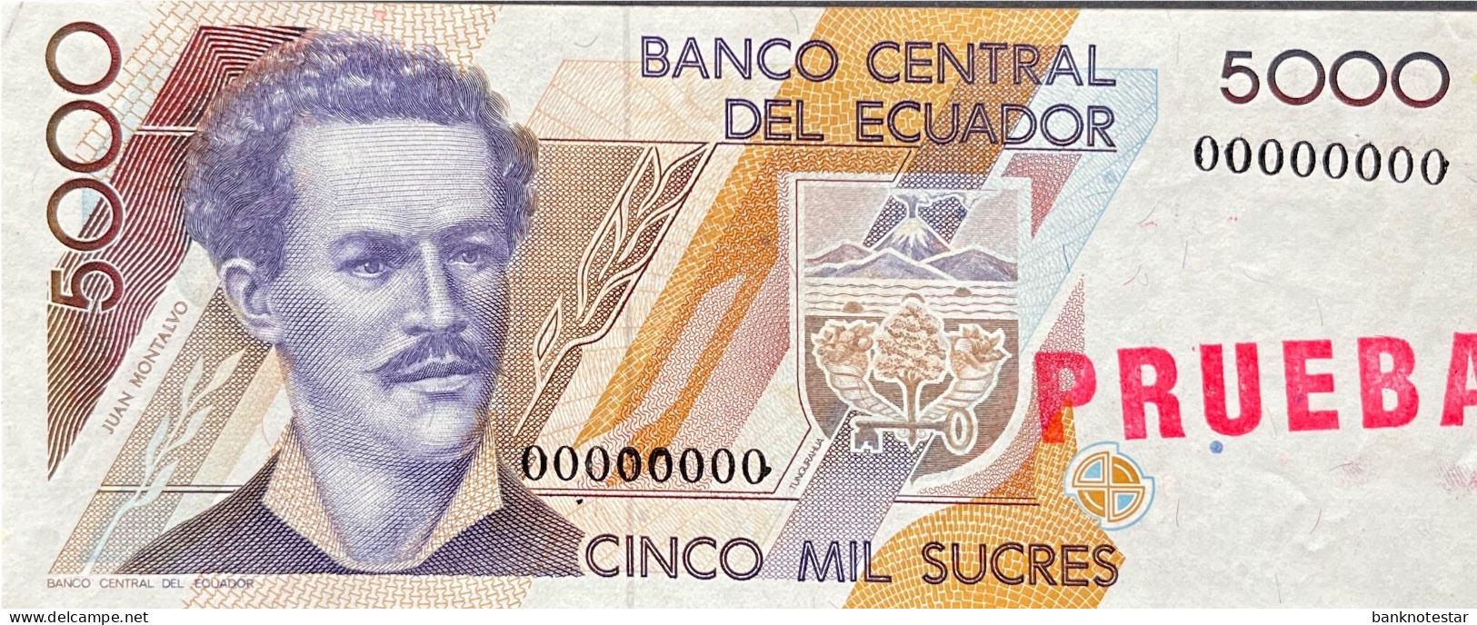 Ecuador 5.000 Sucres, P-128s4 (1991) - About Uncirculated - PRUEBA - Ecuador