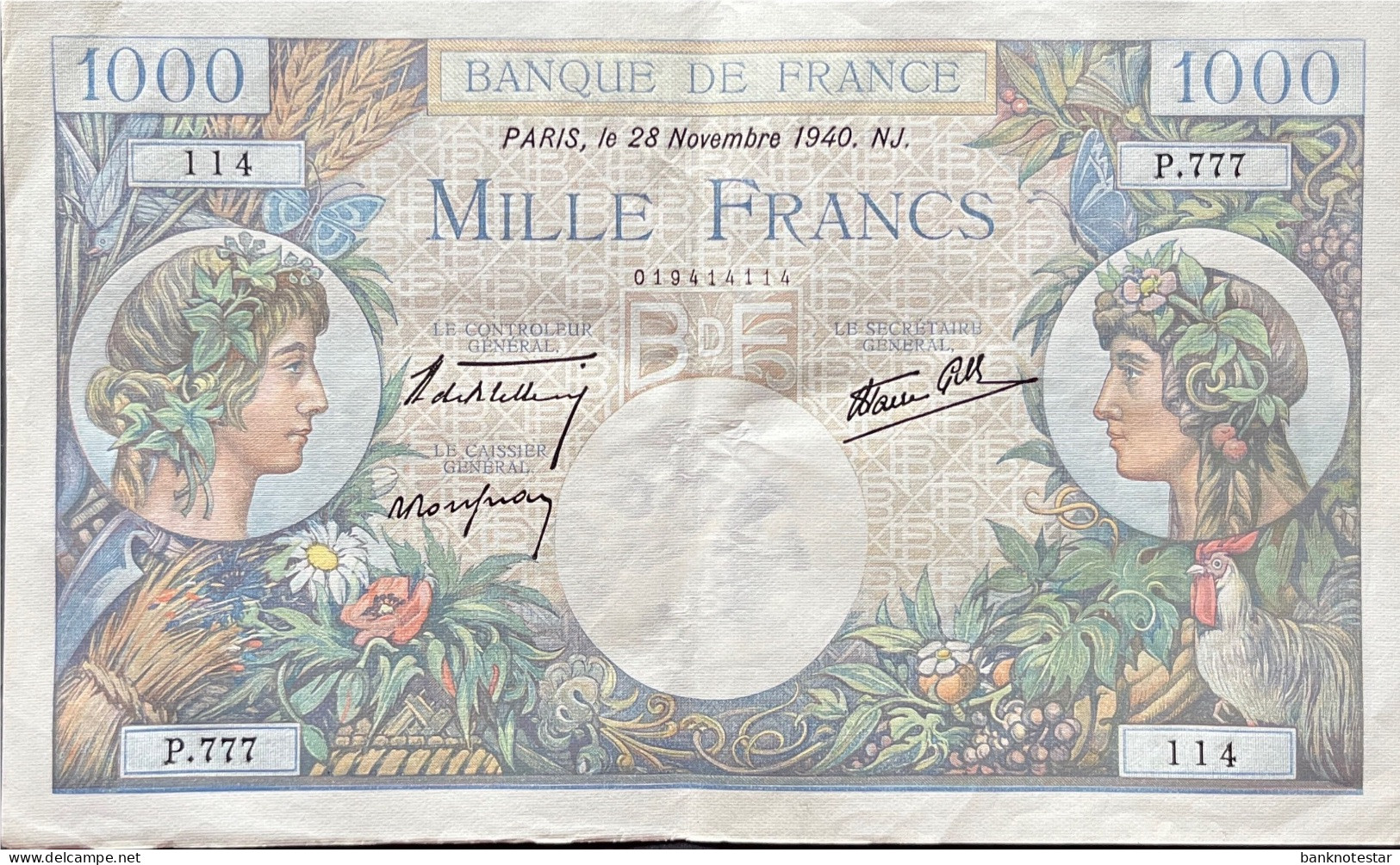 France 1.000 Francs, P-96a (28.11.1940) - 777 Alphabet - Extremely Fine - Fayette 39.02 - 1 000 F 1940-1944 ''Commerce Et Industrie''