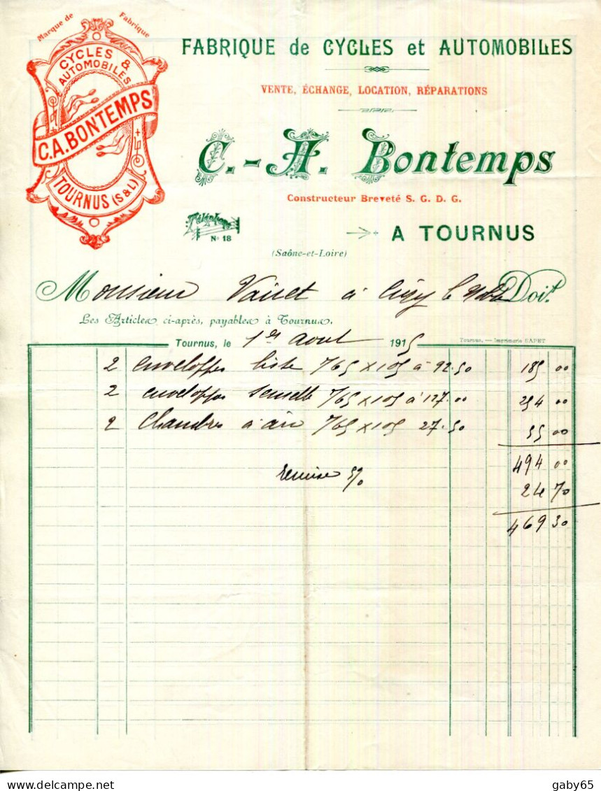 FACTURE.71.TOURNUS.FABRIQUE DE CYCLES & AUTOMOBILES.C.H.BONTEMPS CONSTRUCTEUR. - Cars