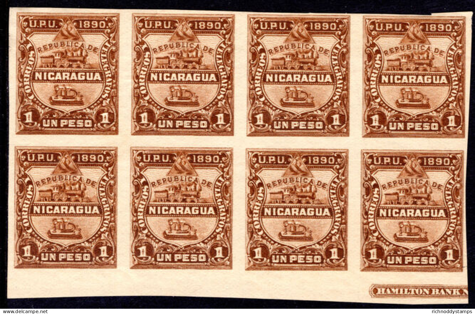 Nicaragua 1890 1p Brown Imperf Block Of 8 6 Stamps Unmounted Mint. - Nicaragua
