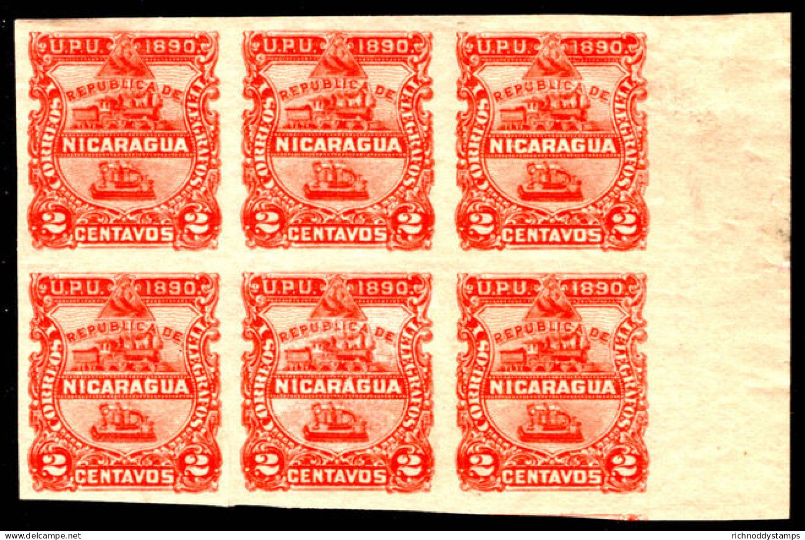 Nicaragua 1890 2c Vermillion Imperf Block Of 6 4 Stamps Unmounted Mint. - Nicaragua