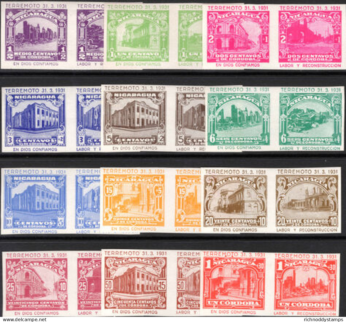 Nicaragua 1931 1931 Earthquake Relief Stamps Set Of 24 Lightly Mounted Mint. - Nicaragua