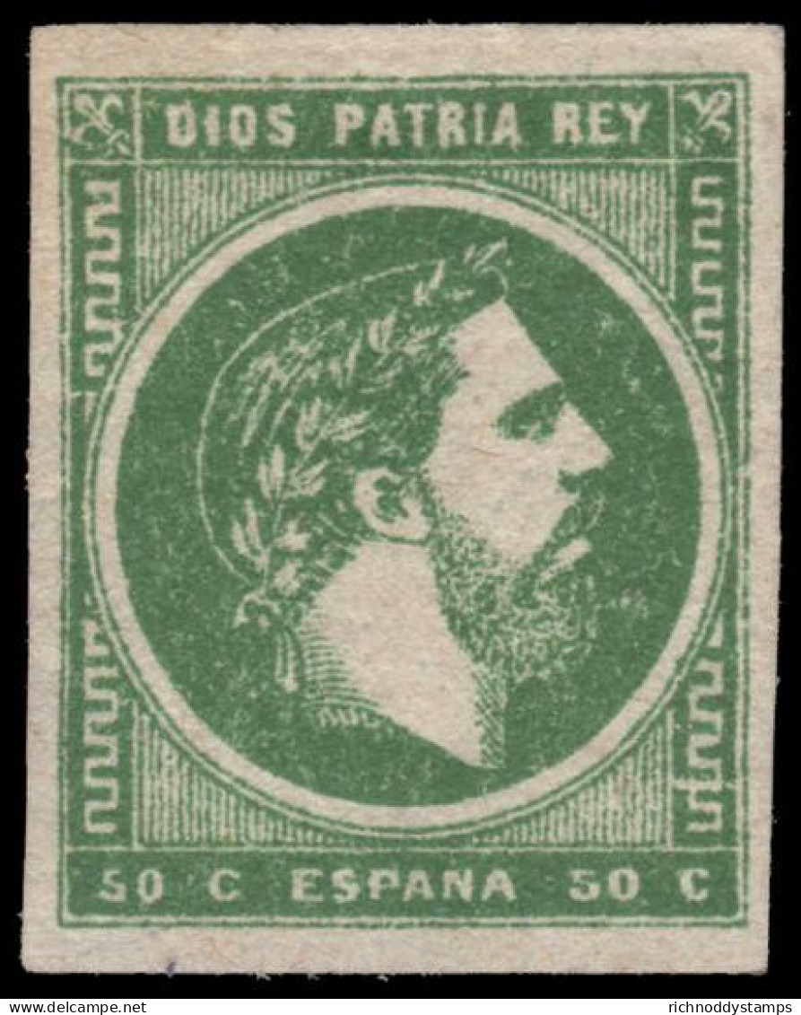 Spain 1873 50c Green Carlist Issue On White Paper With Reversed Greek Key Lightly Mounted Mint. - Carlistes