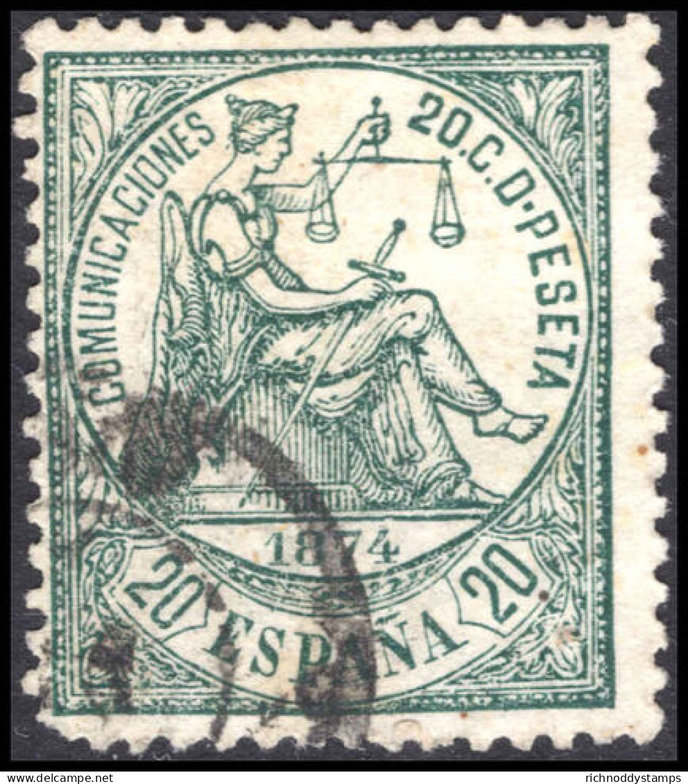 Spain 1874 20c Deep Green (rounded Corner) Fine Used. - Gebruikt