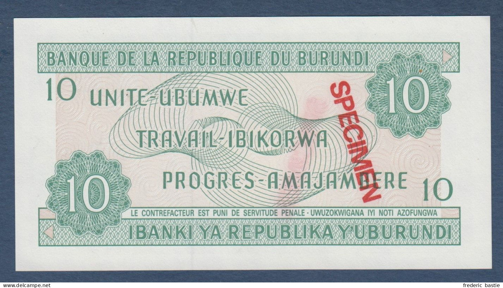 BURUNDI - 10 Francs Du 01 - 10 - 91  SPECIMEN - Burundi