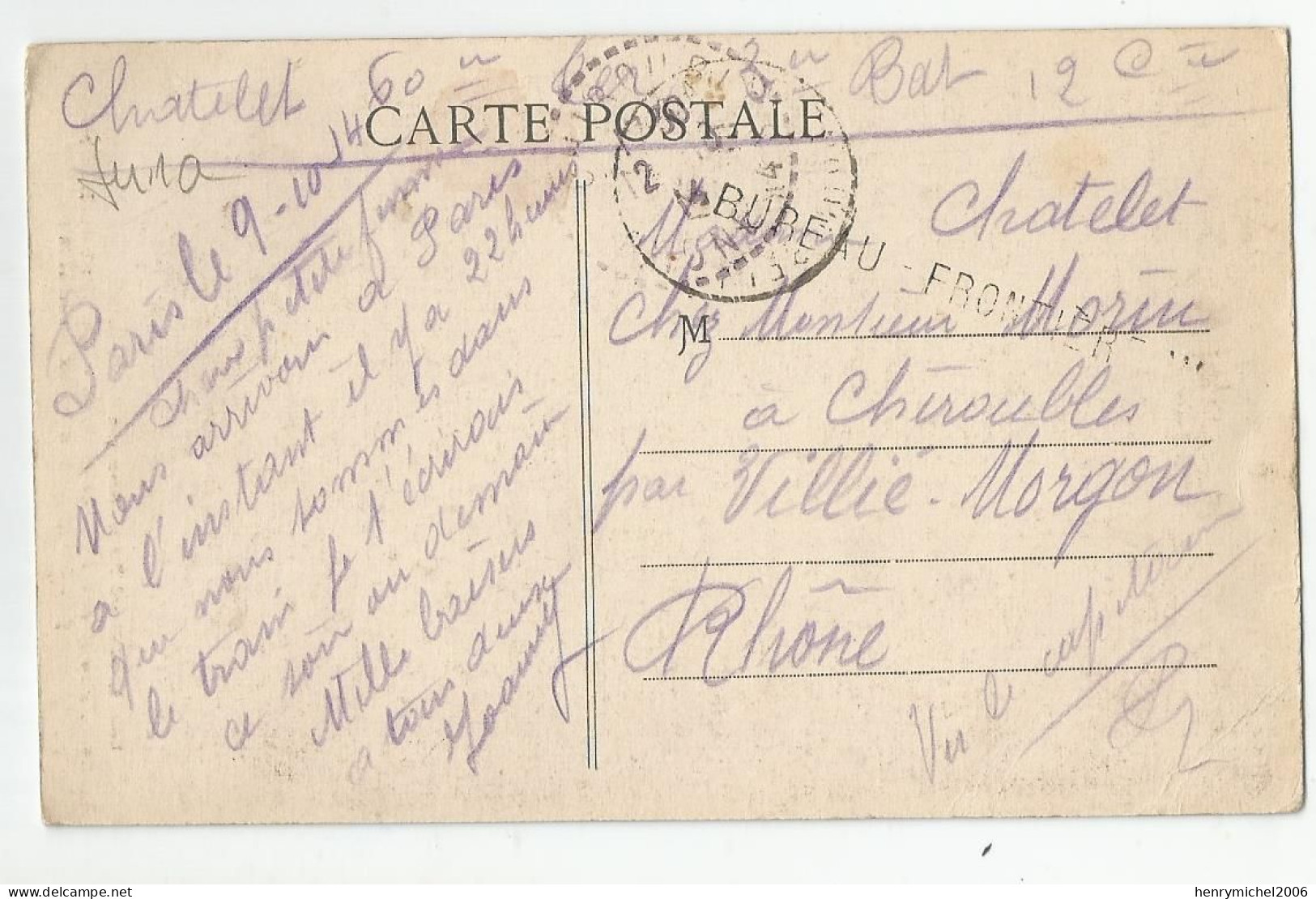 Marcophilie Cachet Griffe Bureau Frontière 1914 Franco Suisse Doubs écrite De Paris Chatelet - Guerre De 1914-18