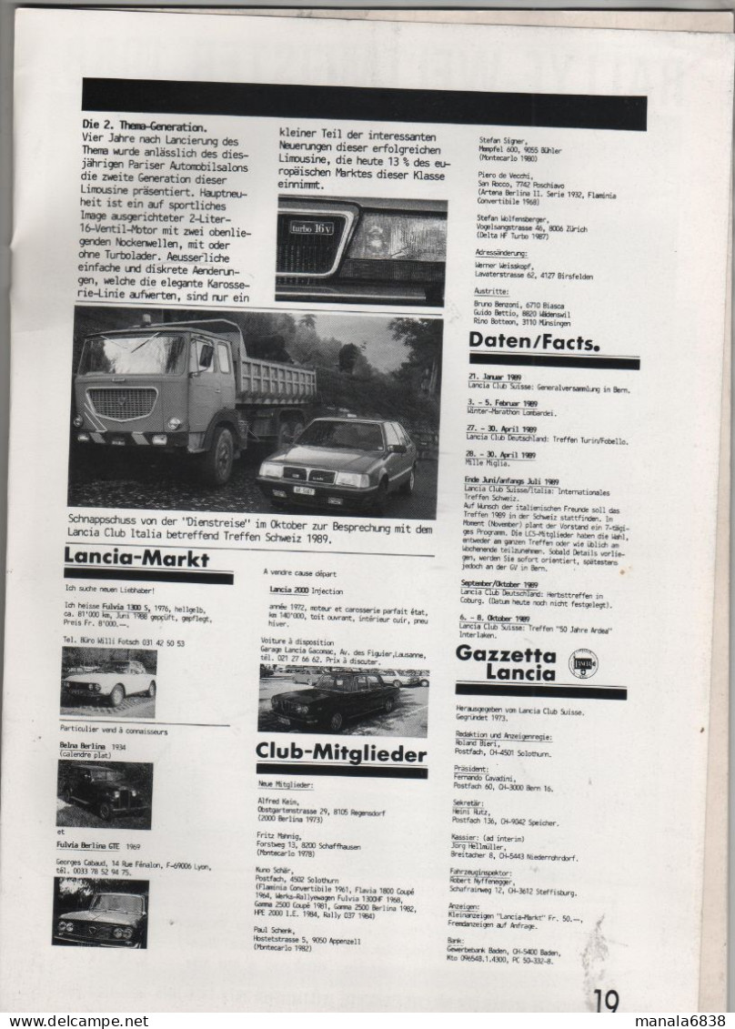 Gazzetta Lancia Magazin Des Lancia Club Schweiz 1988 - Auto En Transport