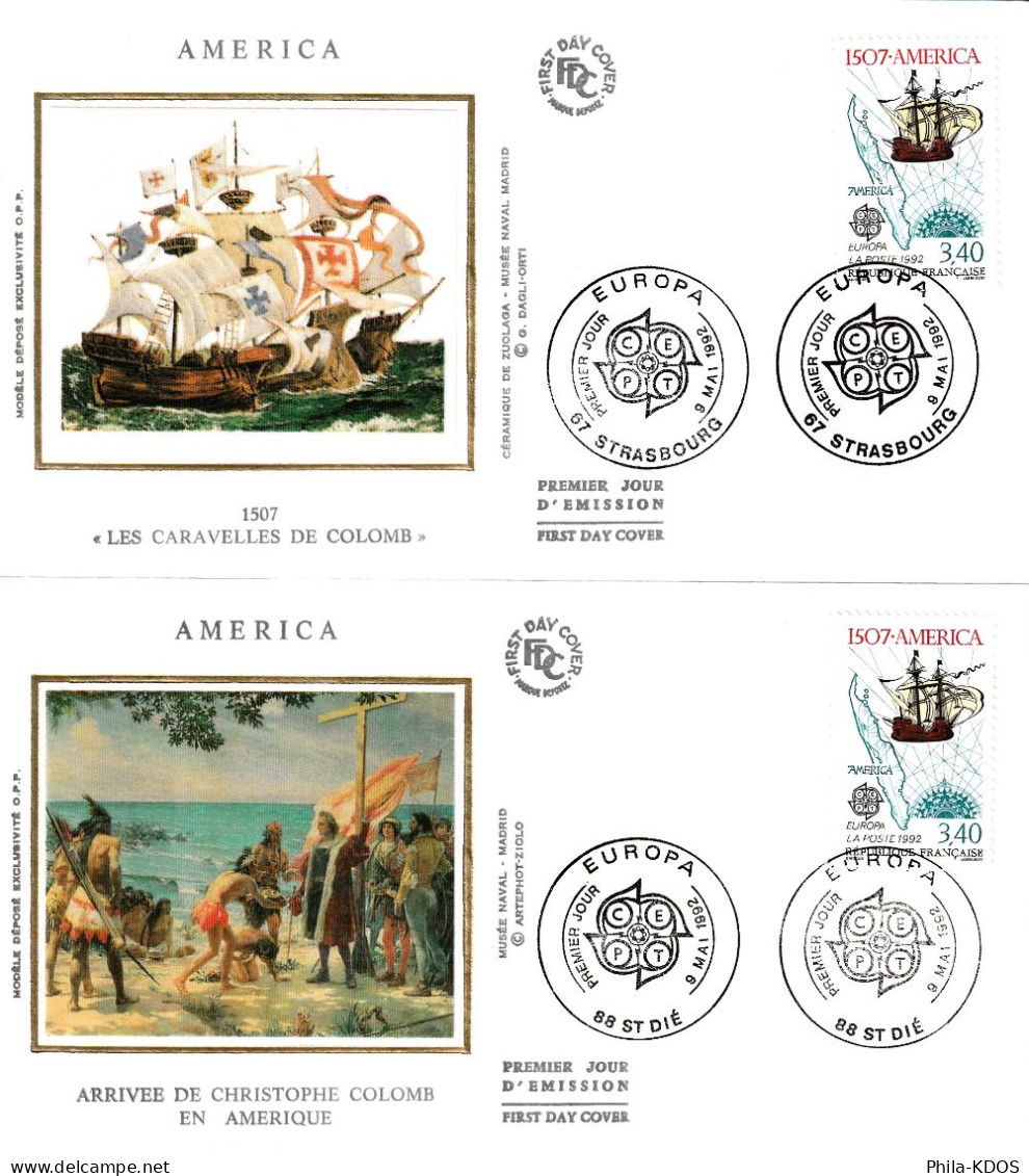 " CHRISTOPHE COLOMB " Sur 2 Enveloppes 1er Jour En Soie De 1992. 2 X N° YT  2756. Parfait état. FDC - Christopher Columbus