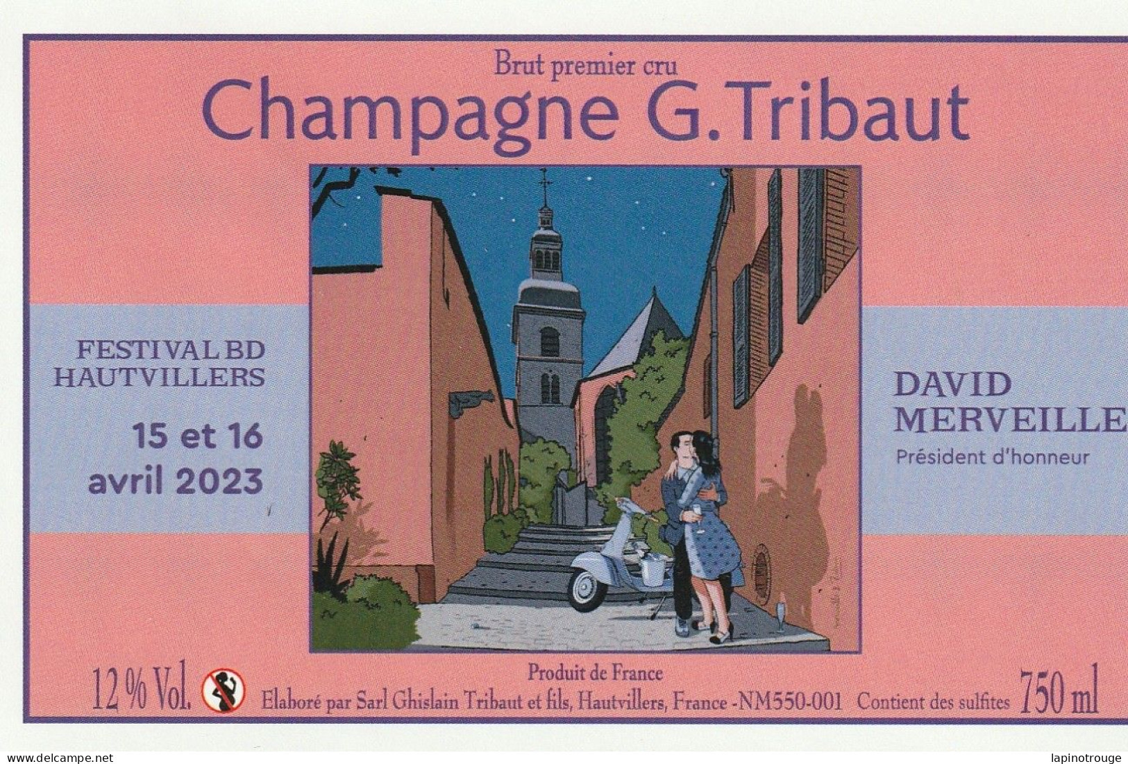 Etiquette Champagne MERVEILLE David Festival BD Hautvillers 2023 (Hello Monsieur Hulot - Dishes