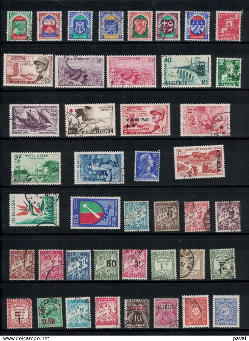 LOT N°9  DE 62 TIMBRES OBLITERES, 1956/58, + TAXES ET PREOS, ALGERIE, COTE 96€ - Oblitérés