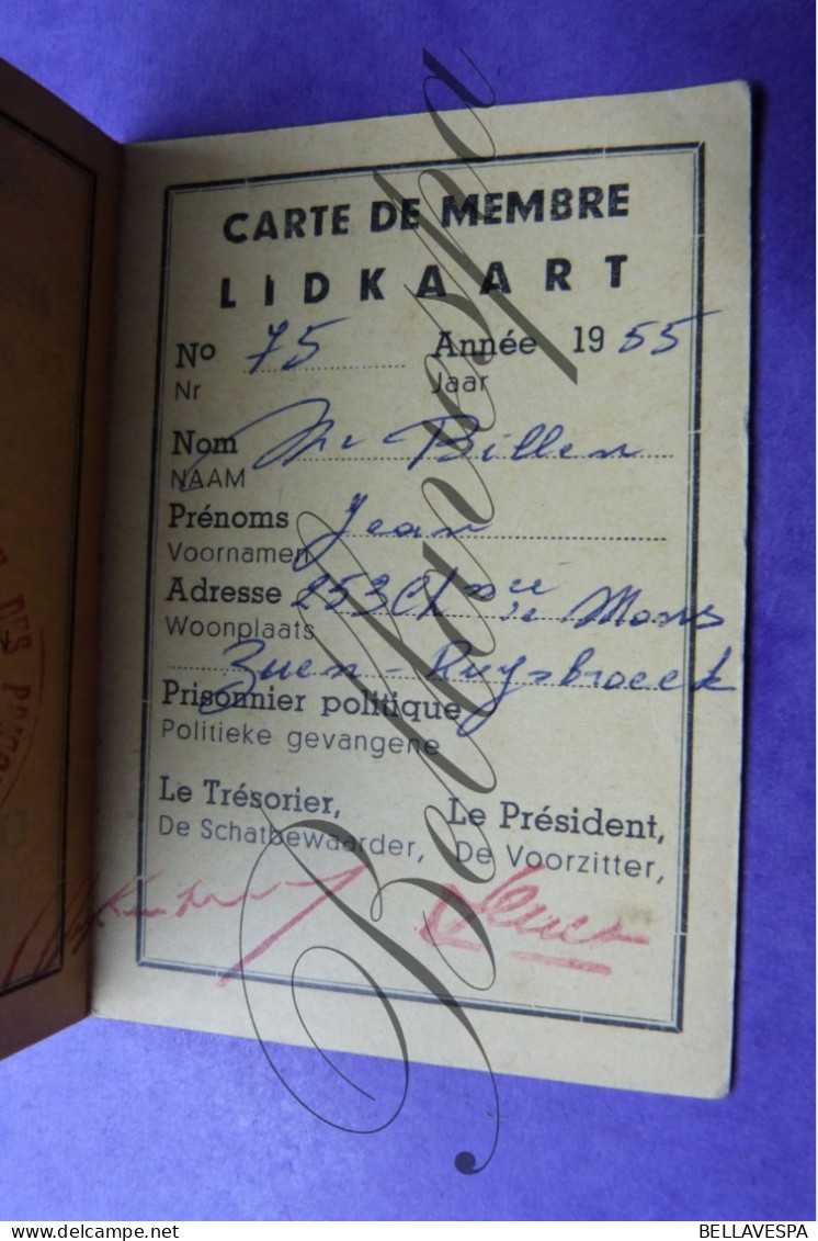 Ex-Politieke Gevangenen Merksplas En Watten .  A.S.B.L.  BILLEN Jean  Zuen Ruisbroek 1953 - Mitgliedskarten