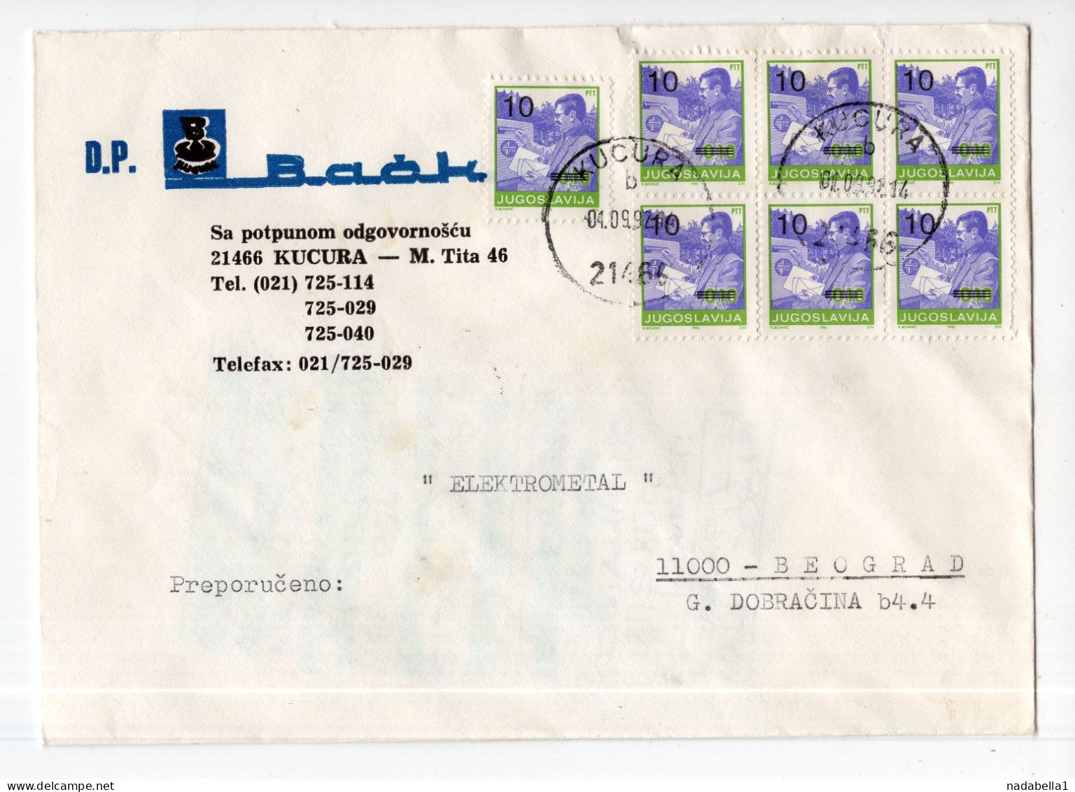 1992. YUGOSLAVIA,SERBIA,KUCURA,RECORDED COVER TO BELGRADE,INFLATION,INFLATIONARY MAIL - Briefe U. Dokumente