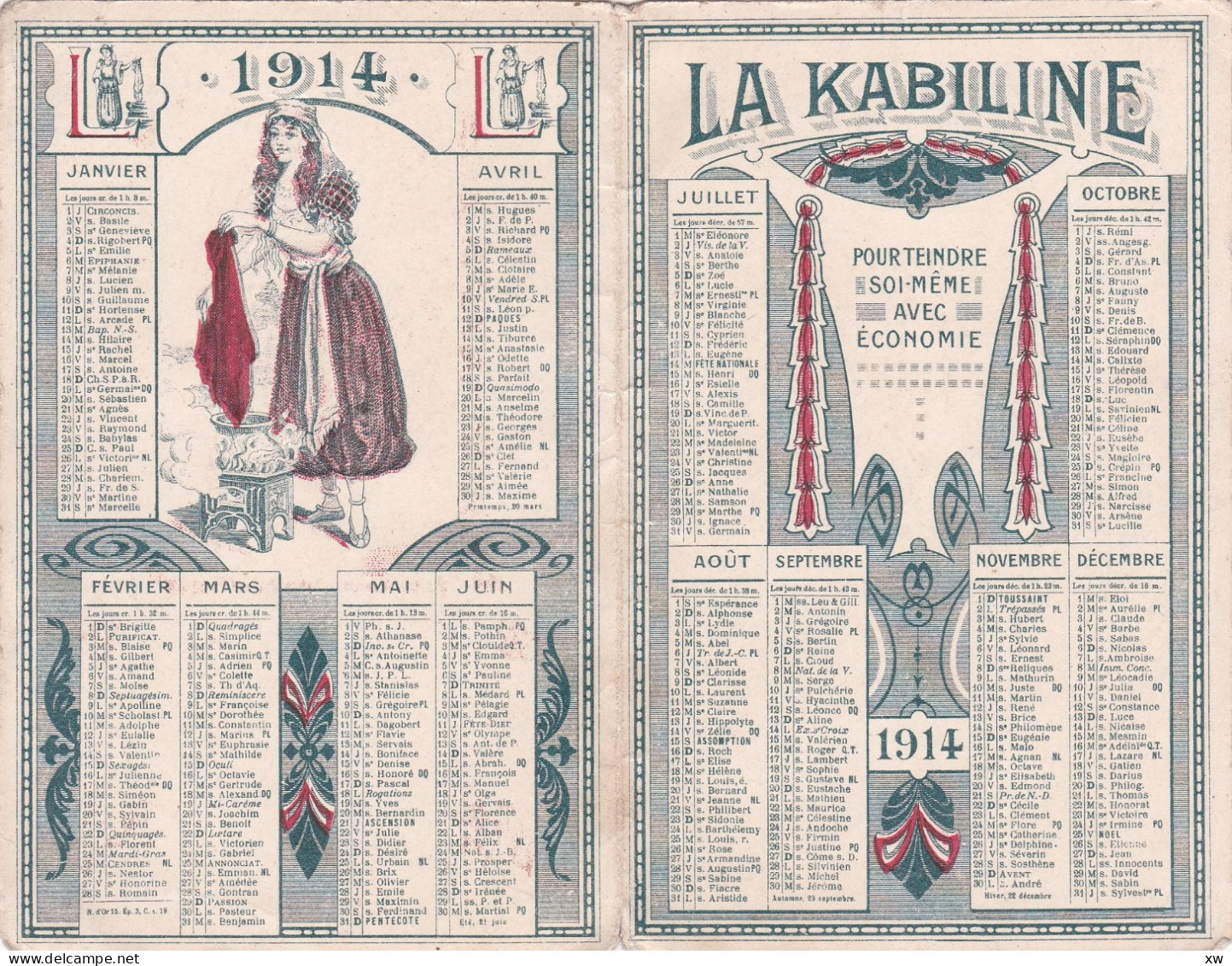 CALENDRIER LA KABILINE 1914 - Pour Teindre Soi Même Les Etoffes En Toutes Nuances - Formato Piccolo : 1901-20