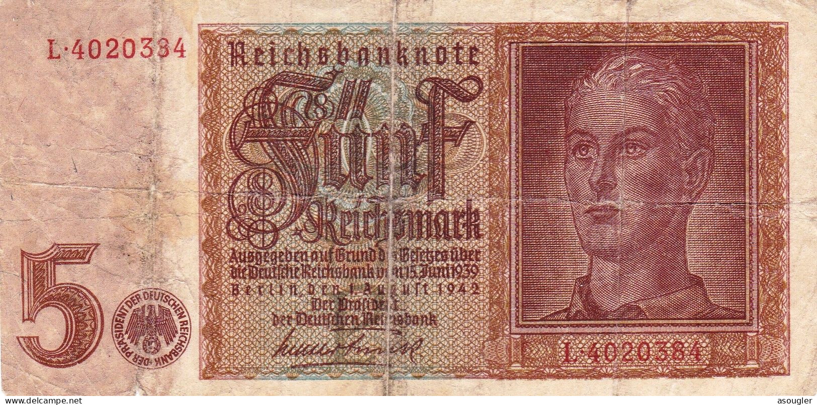 GERMANY 5 Reichs Mark (1939) 1942 F P-186a "free Shipping Via Regular Air Mail (buyer Risk)" - 5 Reichsmark