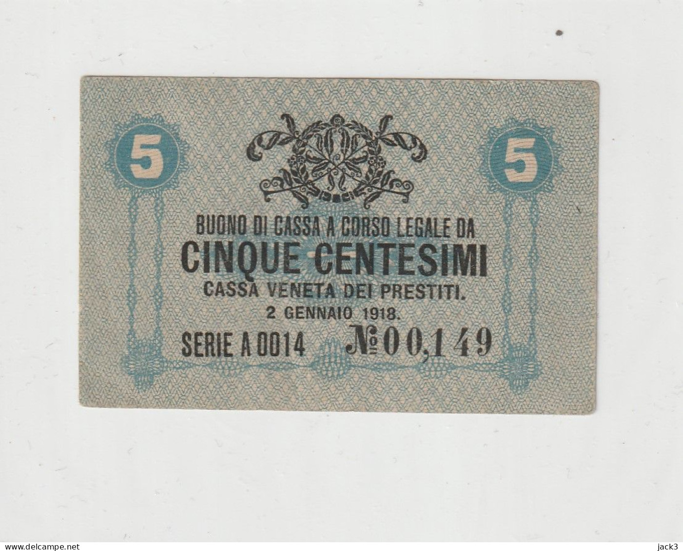 BANCONOTA - BUONO DI CASSA 5cent - CASSA VENETA DEI PRESTITI - FILIGRANA ASSENTE  1918 - Occupazione Austriaca Di Venezia