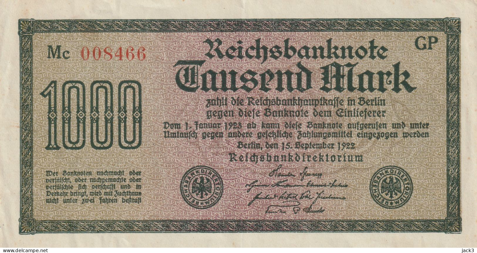 BANCONOTA - GERMANIA - REICHSBANKNOTE - 1000 MARCHI  1922 - 10.000 Mark