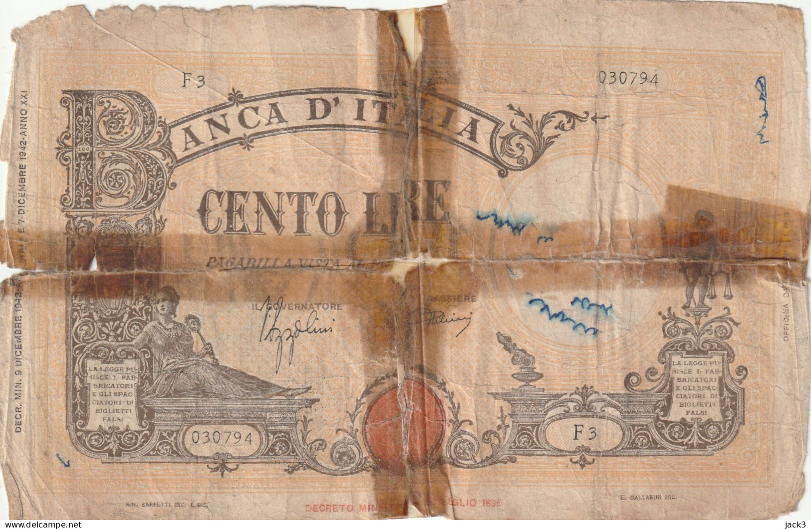 BANCONOTA - REGNO - BANCA D'ITALIA £100 (COME DA SCANSIONE) - 100 Lire